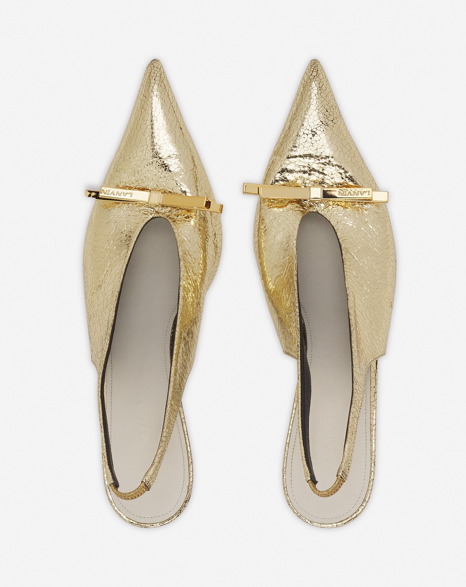LANVIN BOW SLINGBACK PUMPS IN CRACKLED METALLIC LEATHER