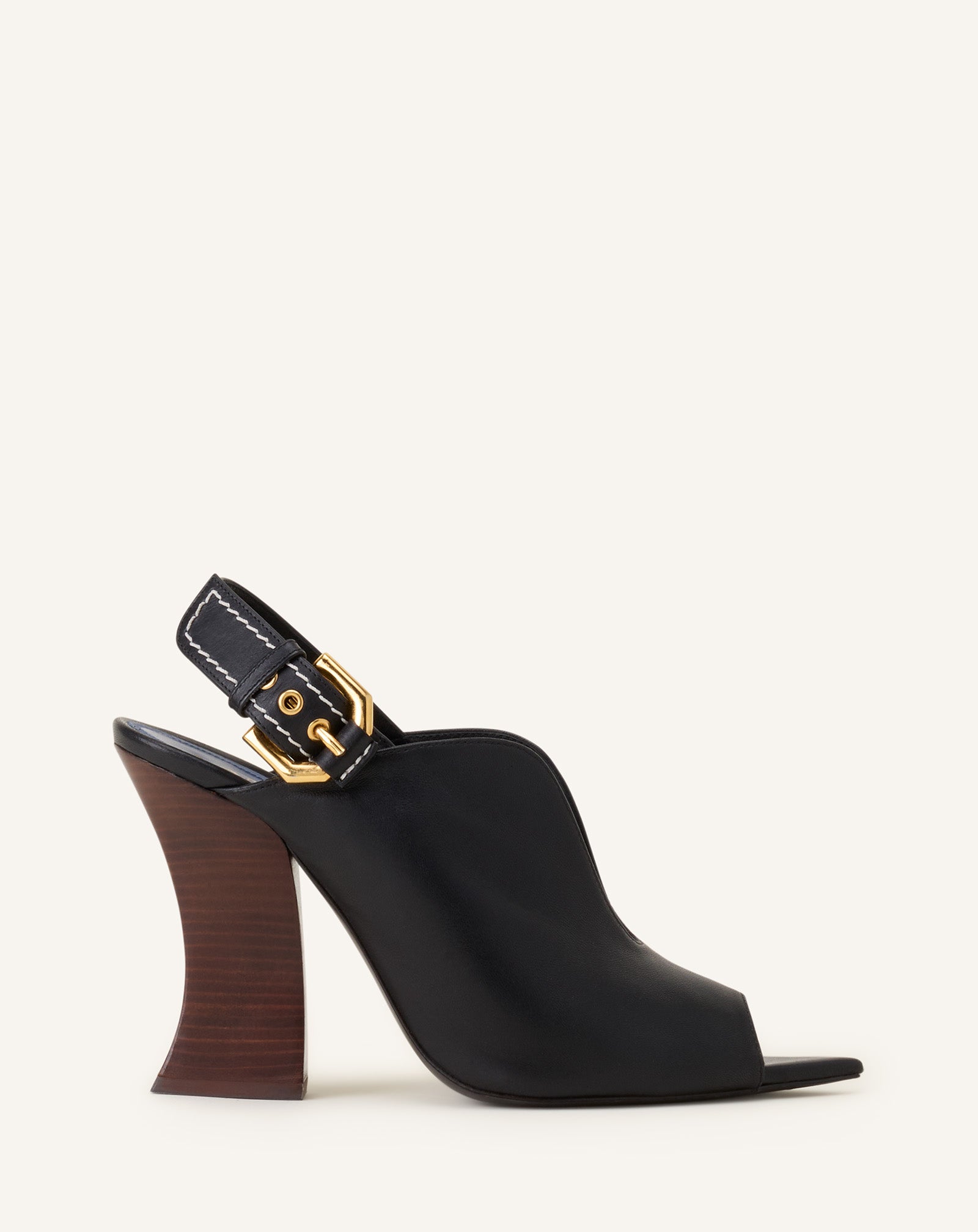 BLACK BUCKLE ARCH HEELED LEATHER MULES