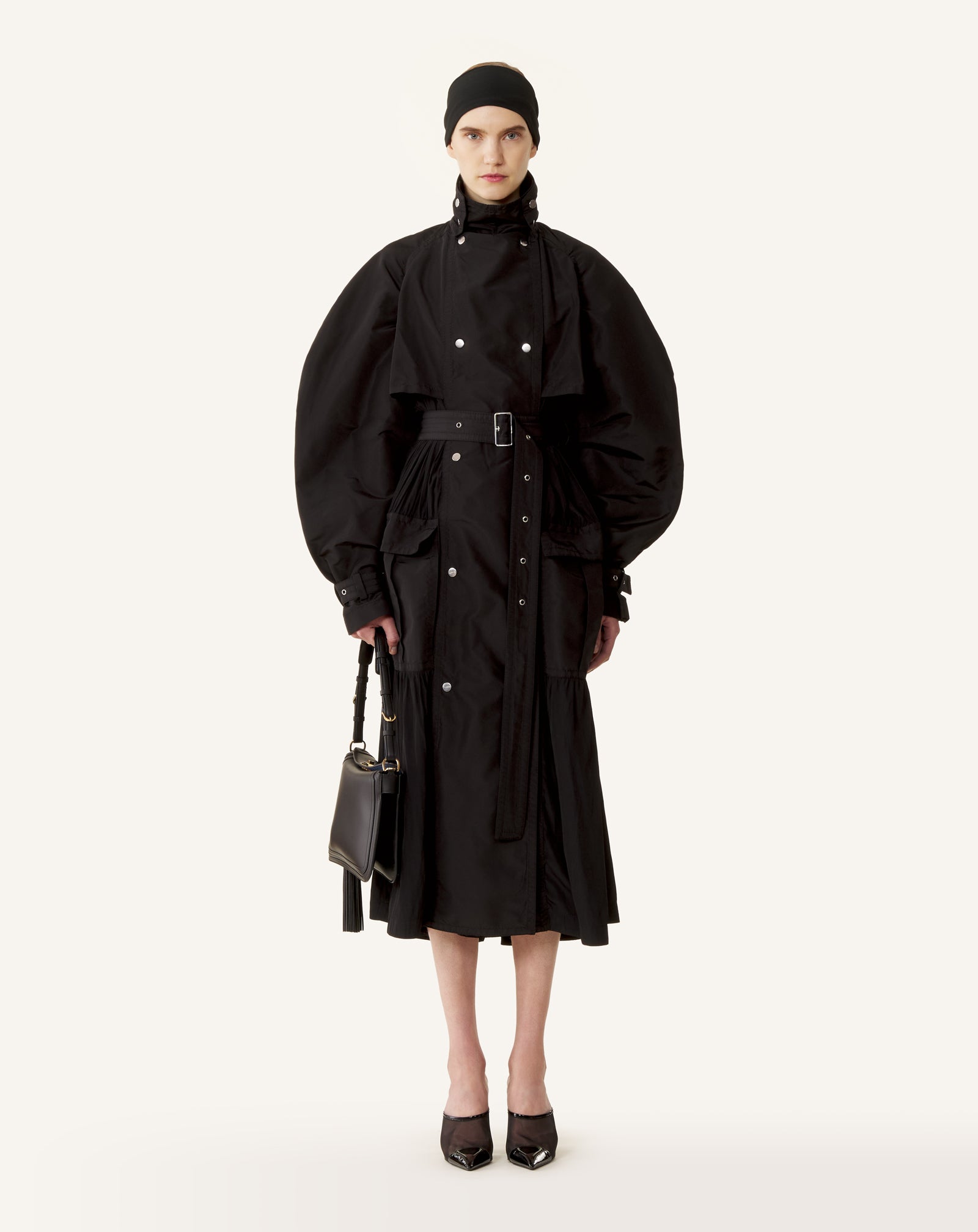BI-MATERIAL TRENCH COAT IN SILK FAILLE AND CHARMEUSE FABRIC