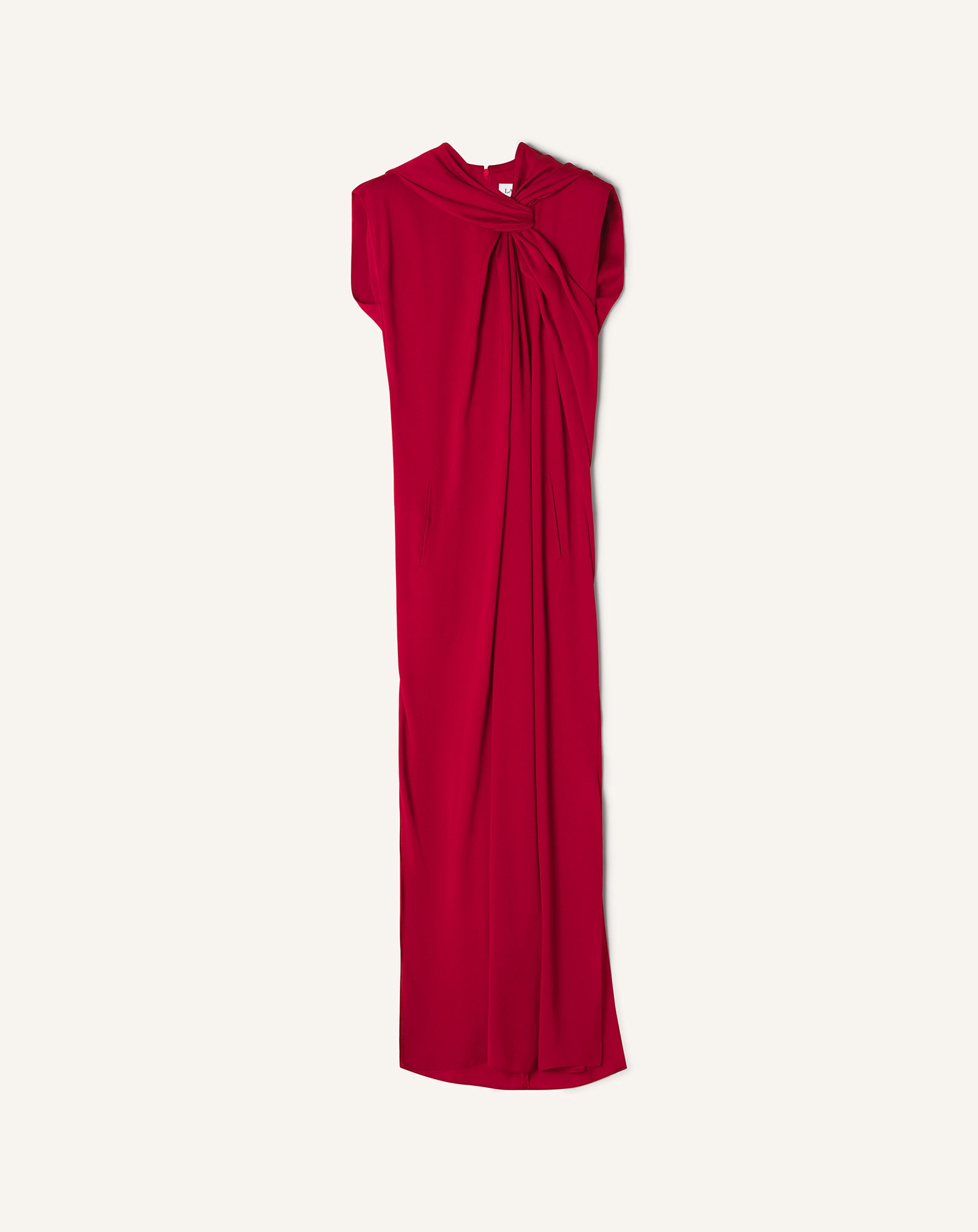 RED LONG KNOTTED DRESS IN SATIN