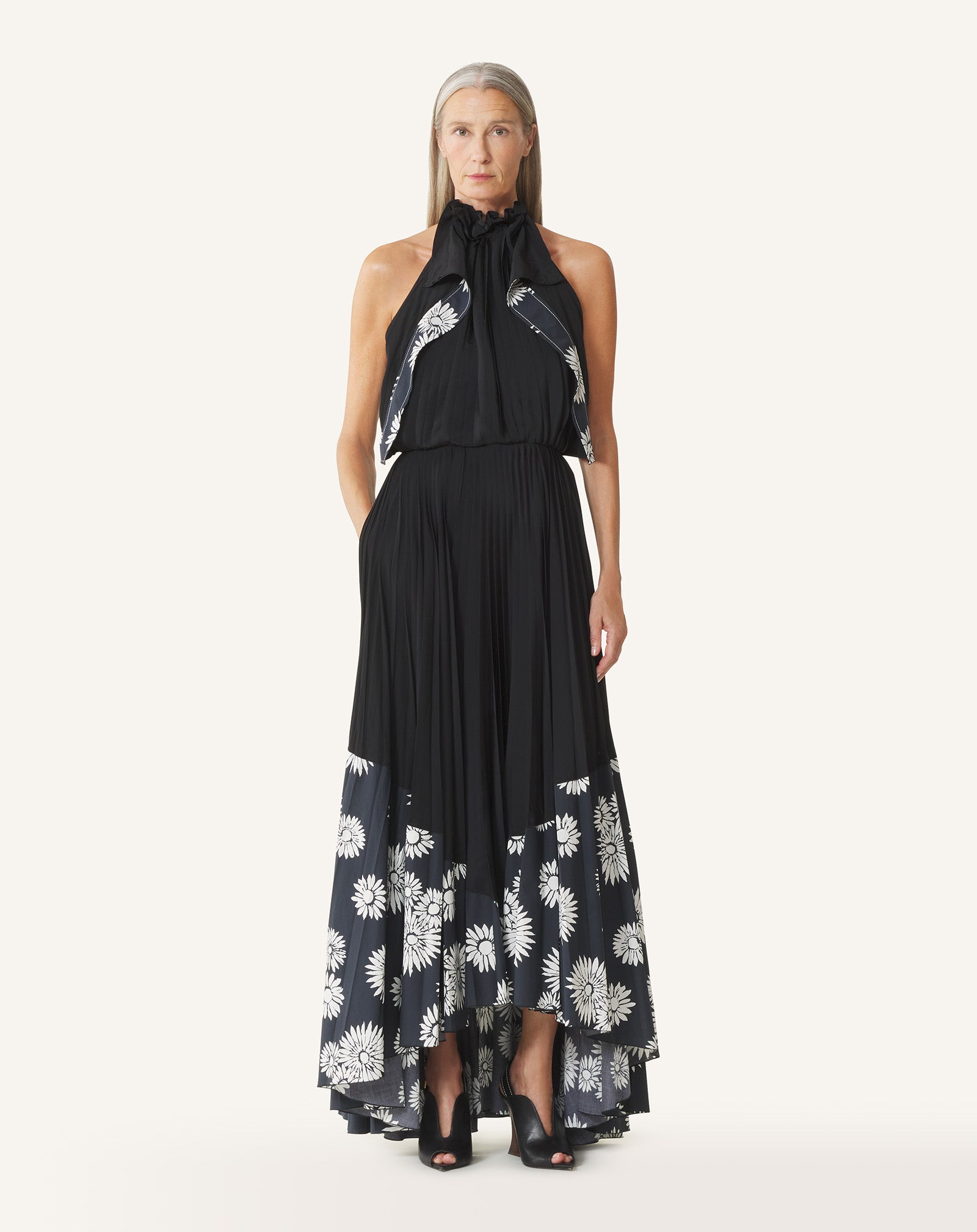 BLACK PLEATED DRESS IN CHARMEUSE AND PRINTED COTTON