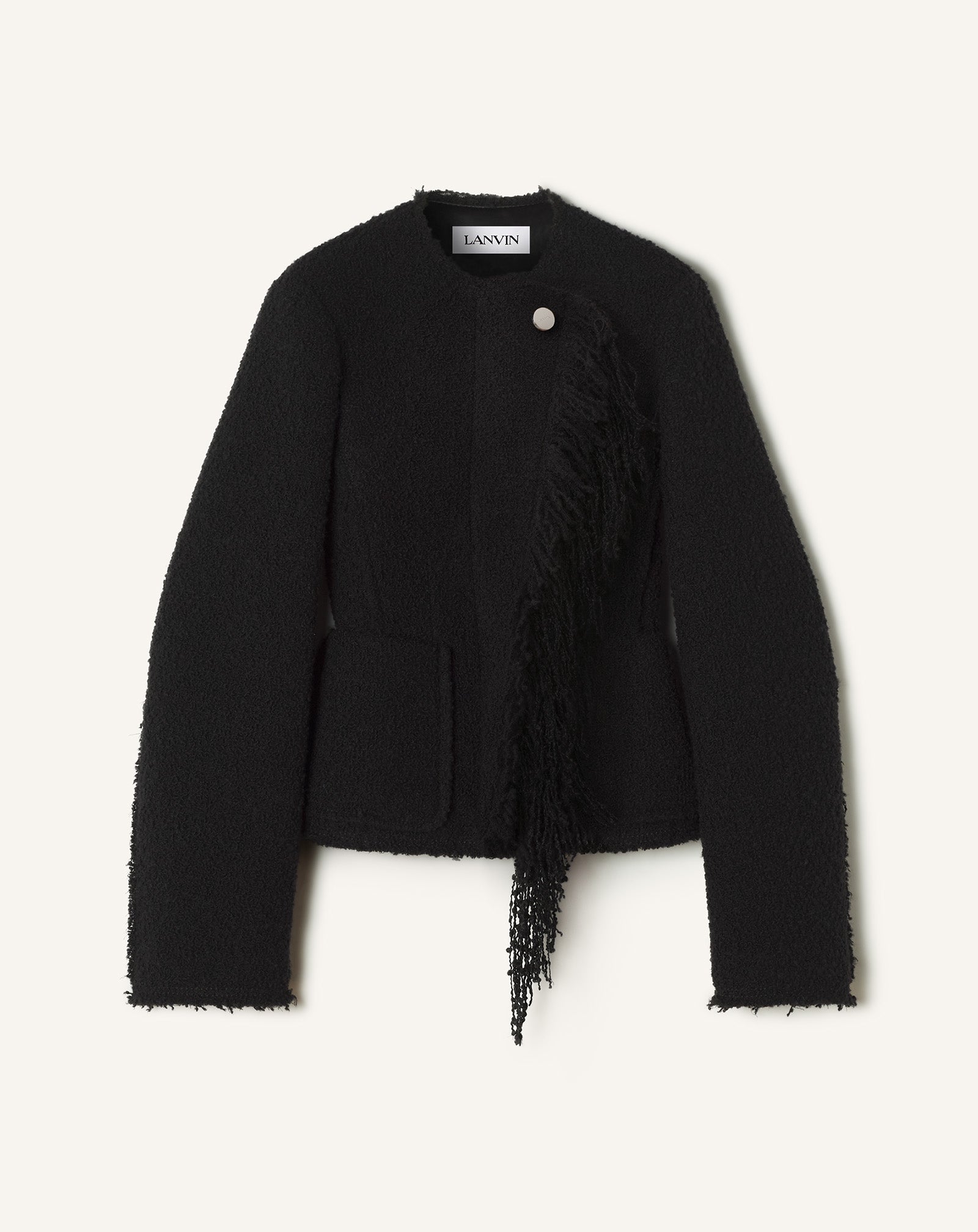 BLACK ASYMMETRICAL JACKET IN BOUCLÉ WOOL