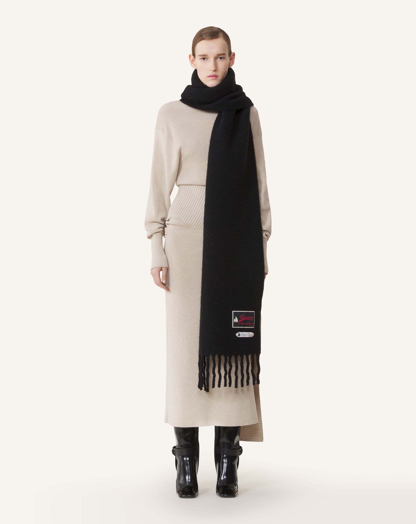 BLACK FRINGED WOOL SCARF WITH 22 FAUBOURG LABEL