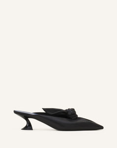 MIDNIGHT STEP BOW LEATHER MULE WITH HEEL