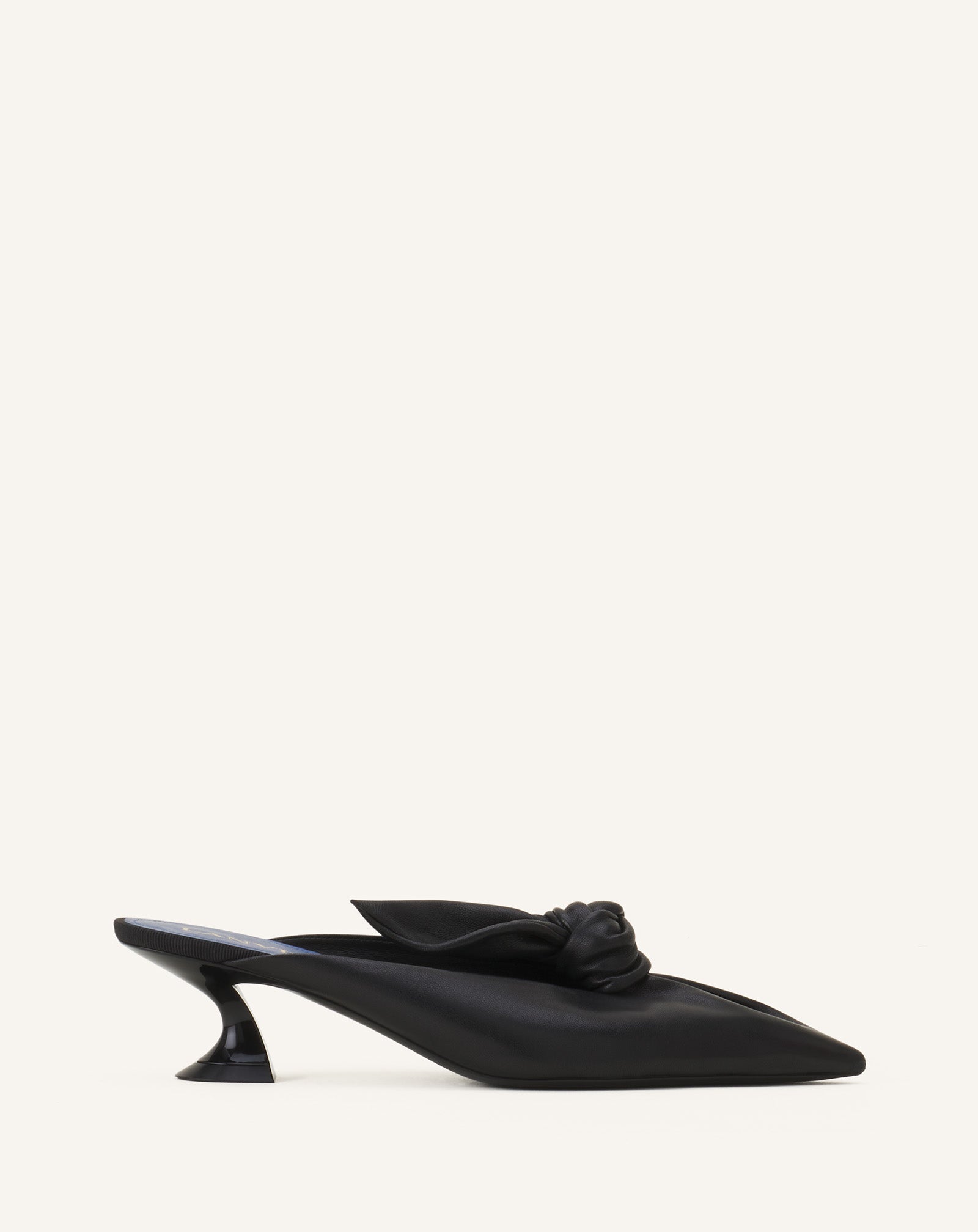 BLACK MIDNIGHT STEP HEELED MULES WITH A LEATHER BOW