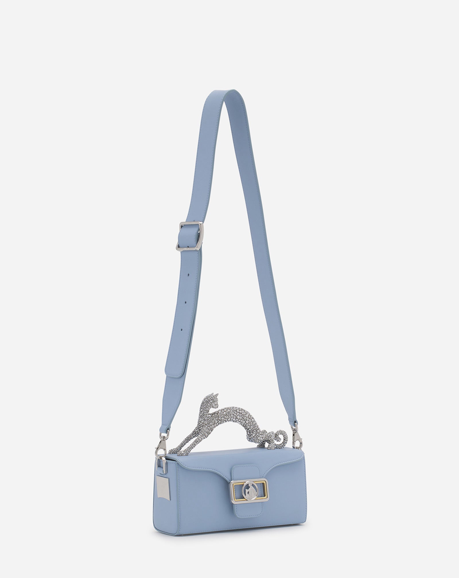 BLUE NANO PENCIL CAT BAG IN LEATHER AND RHINESTONE