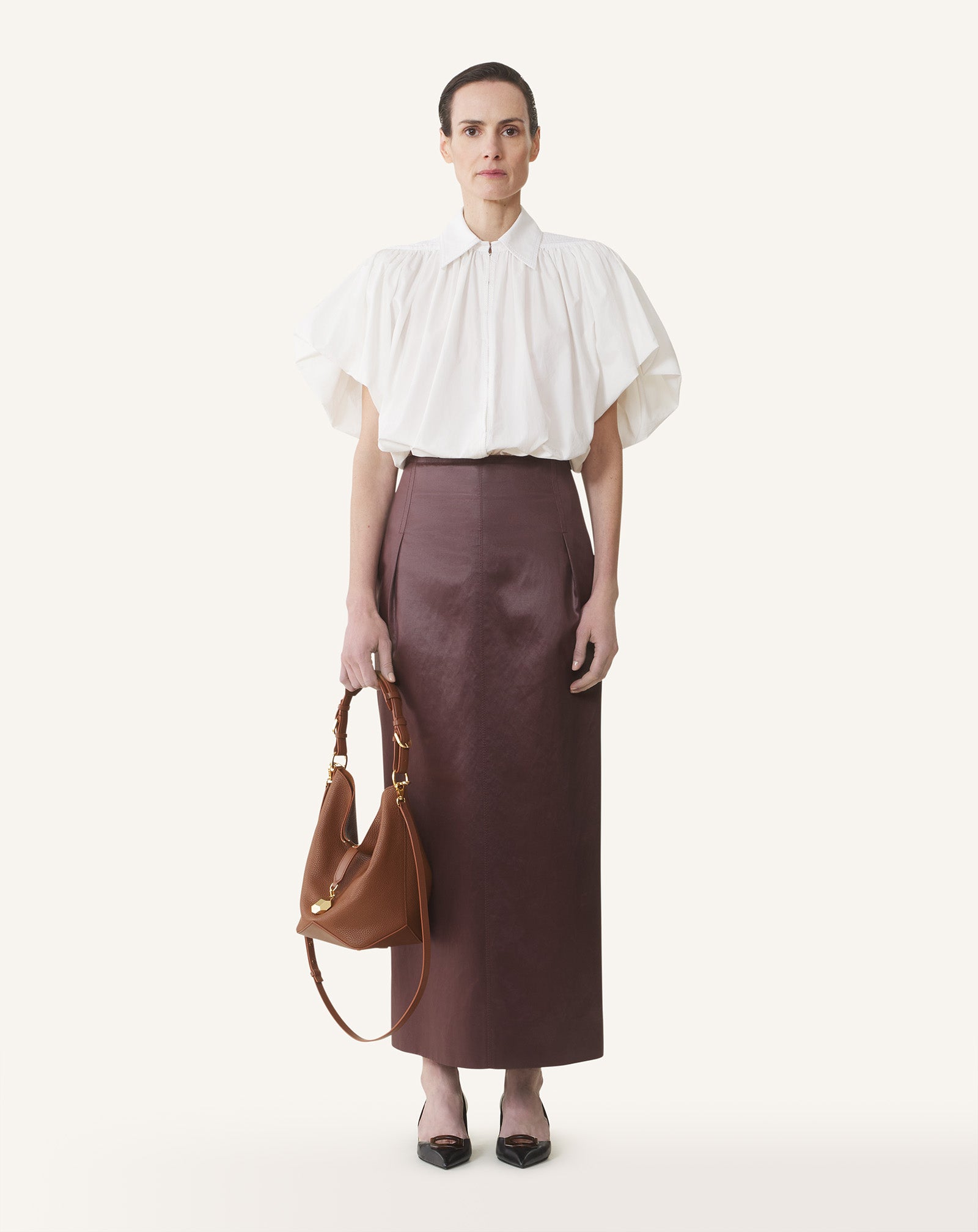 BROWN CATCH BY LANVIN MEDIUM BUCKET BAG IN GRAINED LEATHER