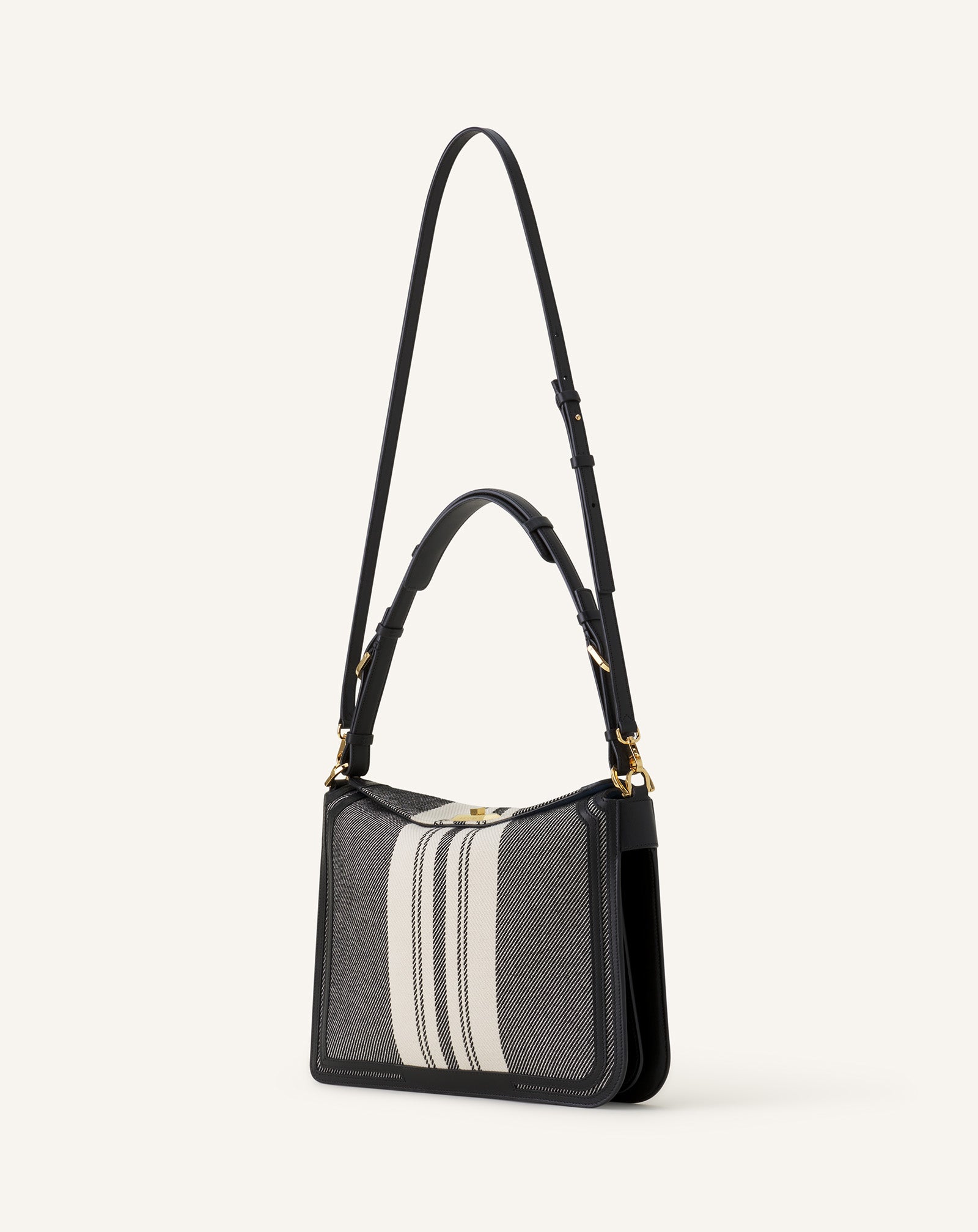 GREY COMPAGNON ASYMETRICAL SHOULDER BAG IN STRIPED CANVAS