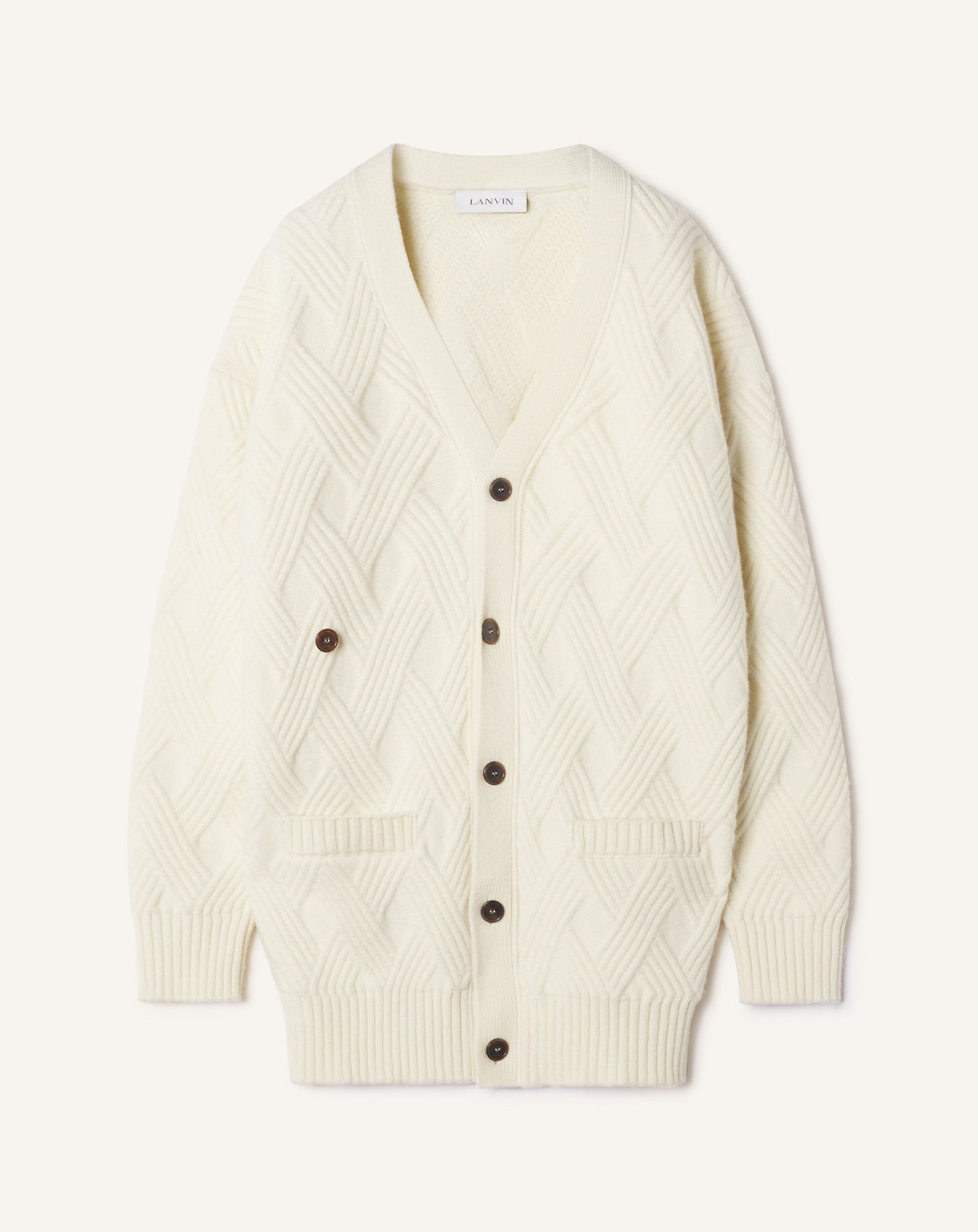 WHITE LOOSE-FIT CARDIGAN IN CABLE-KNIT WOOL