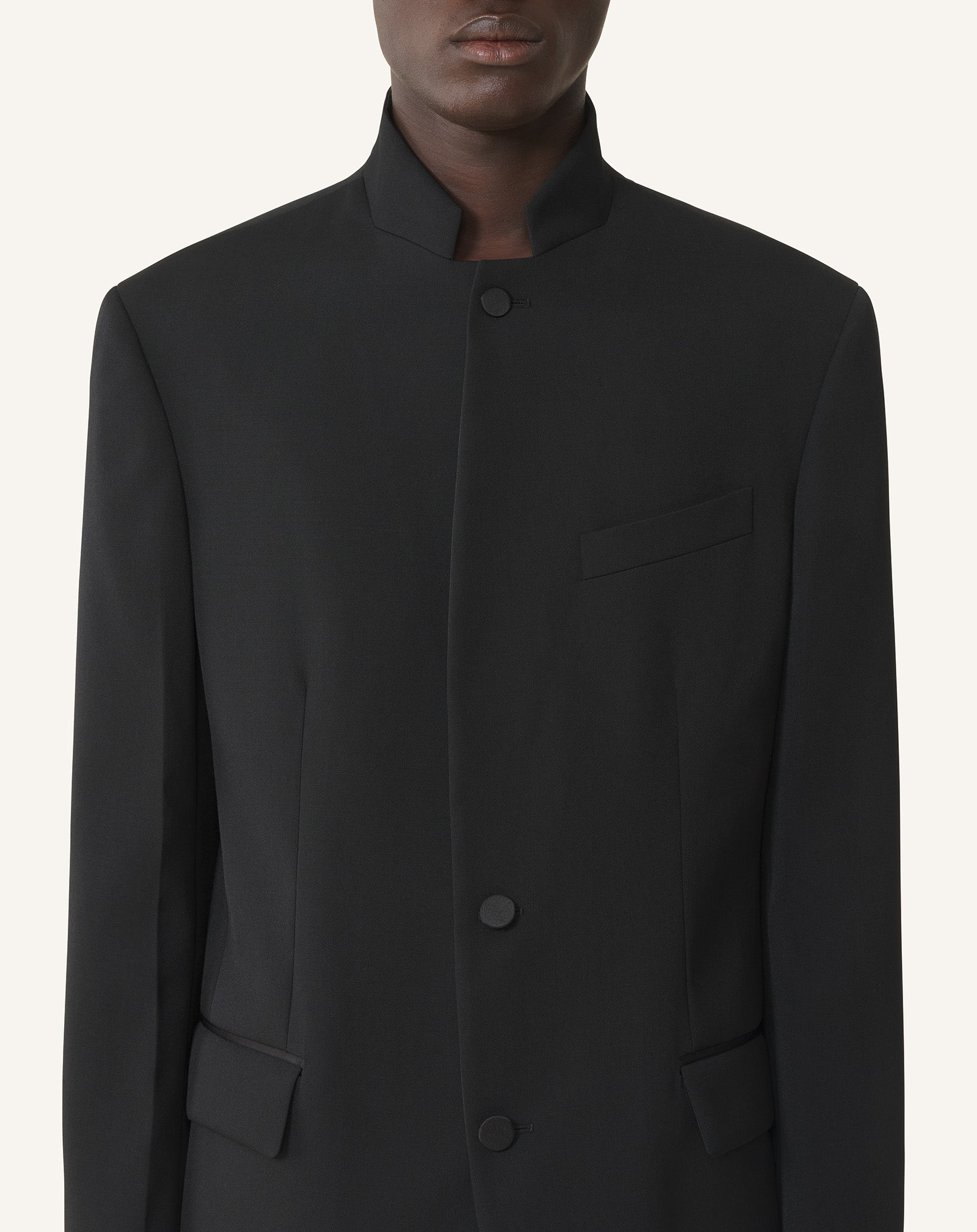 BLACK WOOL JACKET WITH STAND-UP COLLAR