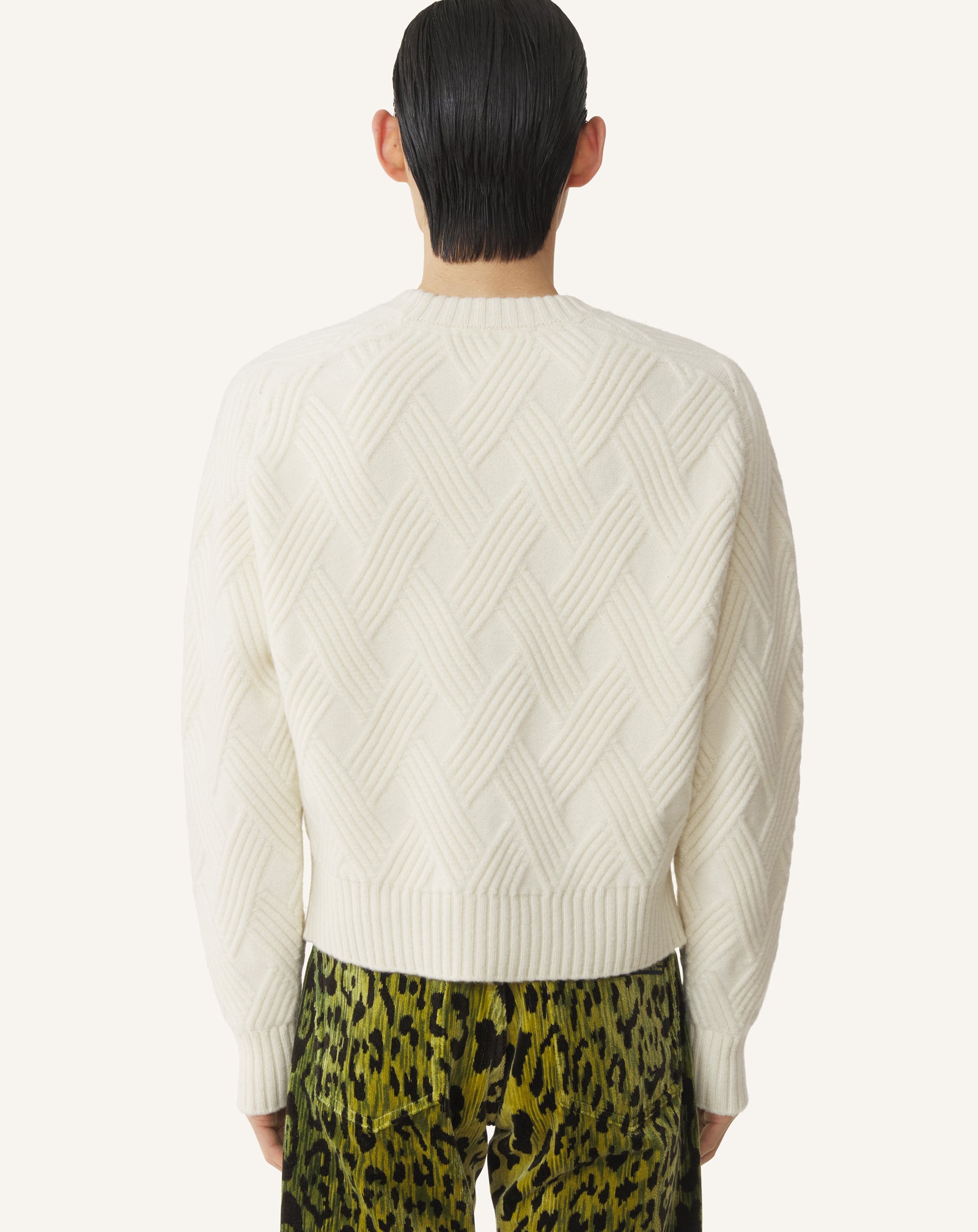 WHITE CABLE-KNIT WOOL SWEATER