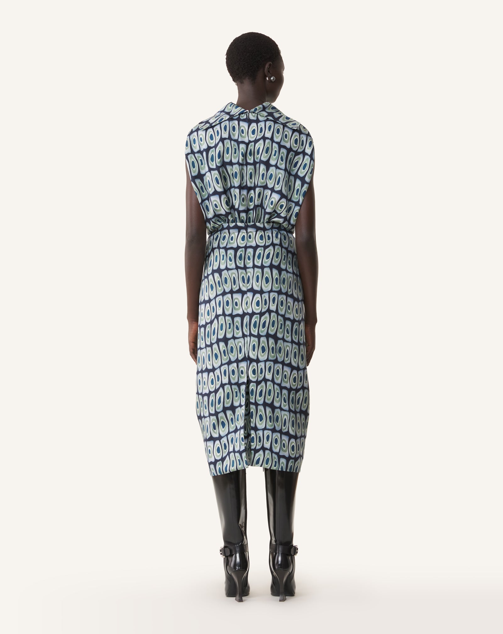 GREEN PRINTED CAPE DRESS IN SILK