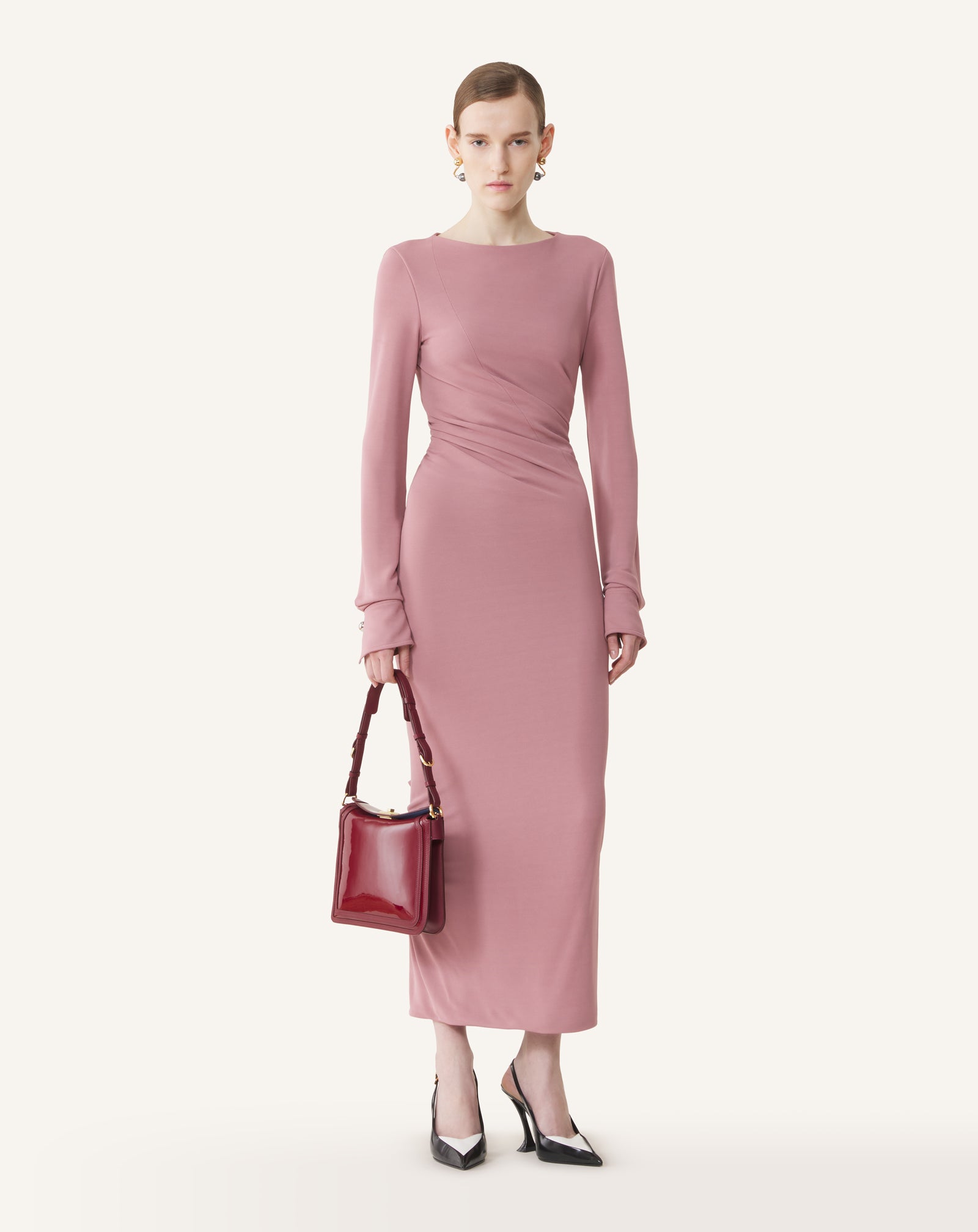 PINK LONG DRAPED DRESS IN CREPE JERSEY