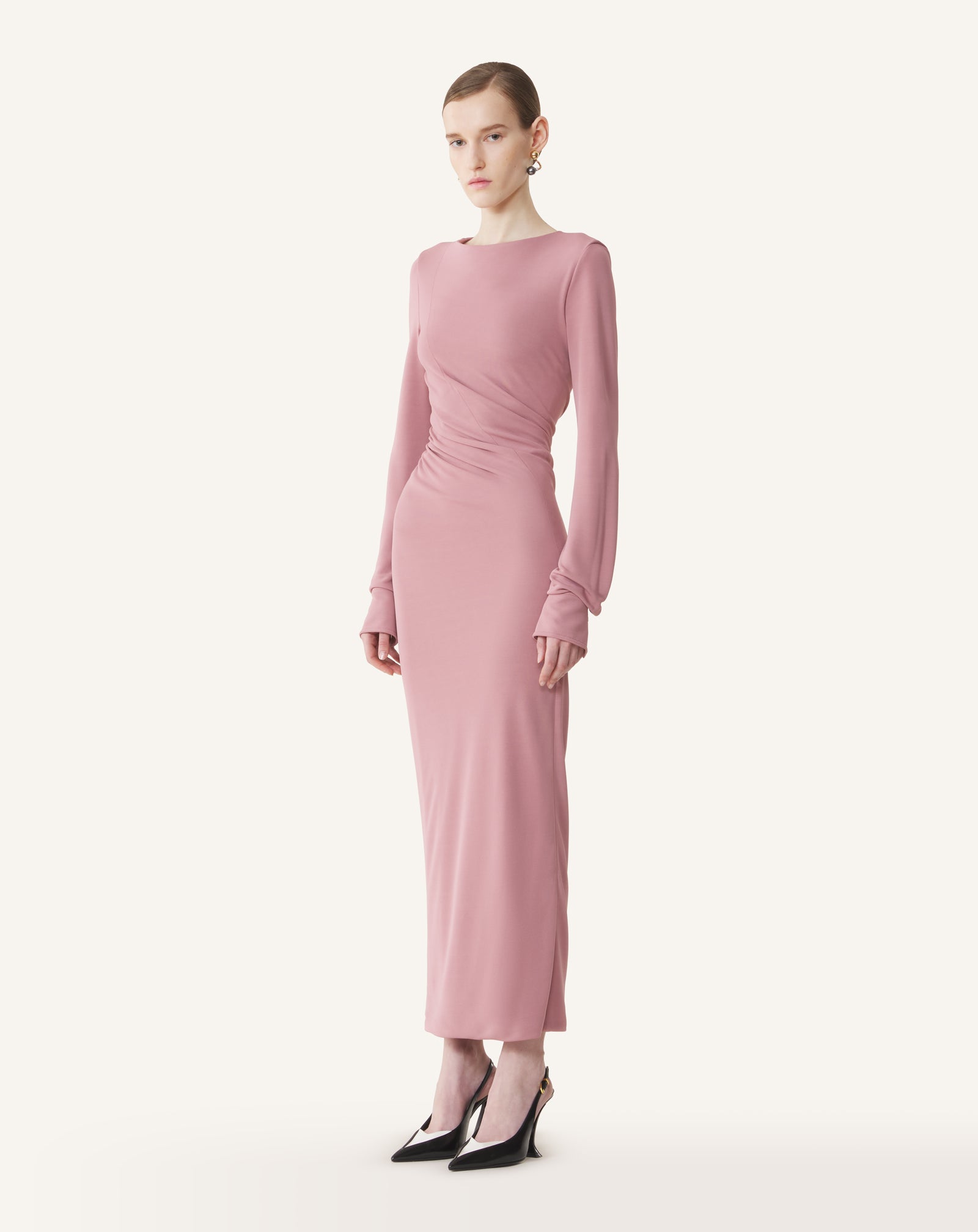 PINK LONG DRAPED DRESS IN CREPE JERSEY