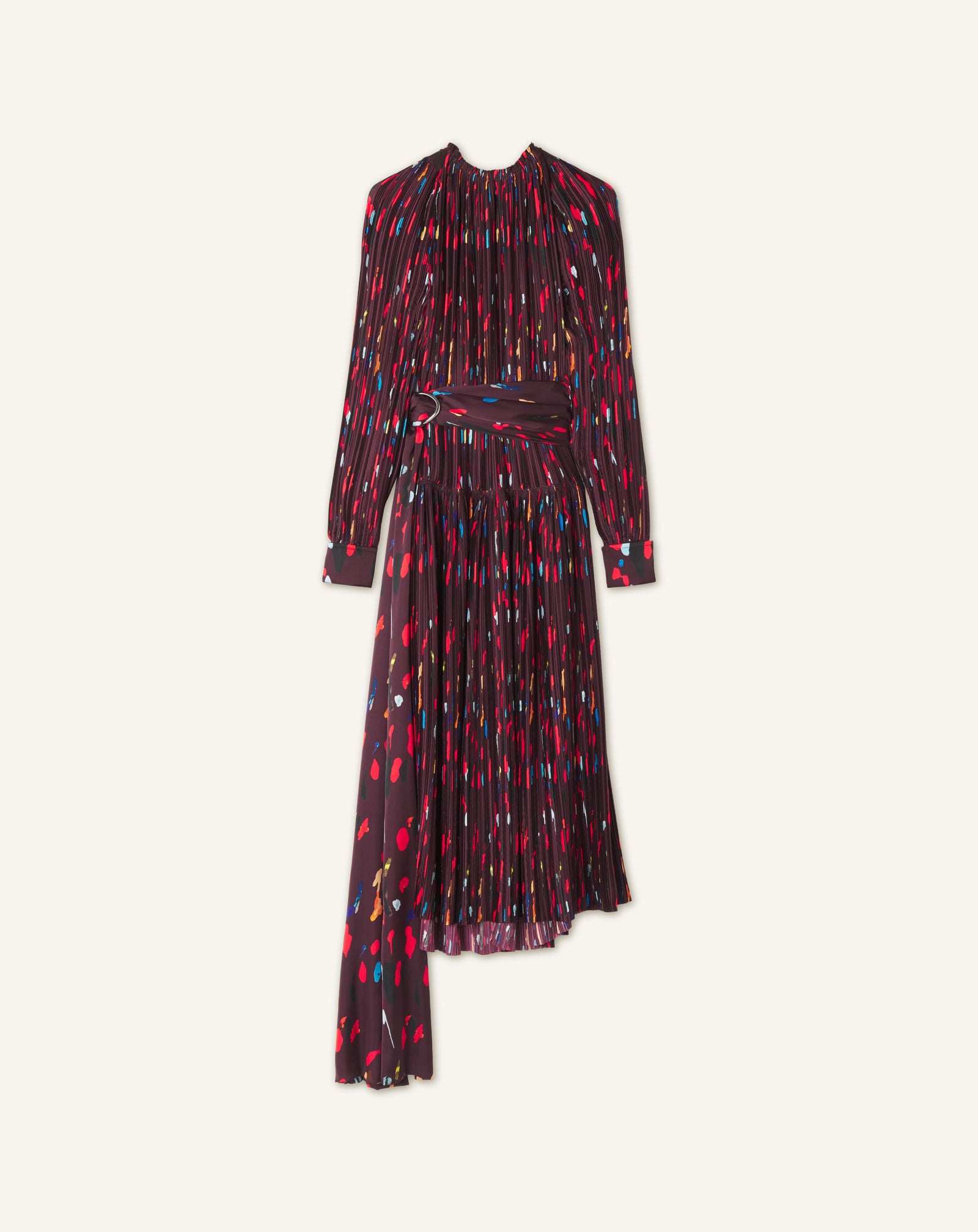 RED PRINTED PLEATED CHARMEUSE DRESS