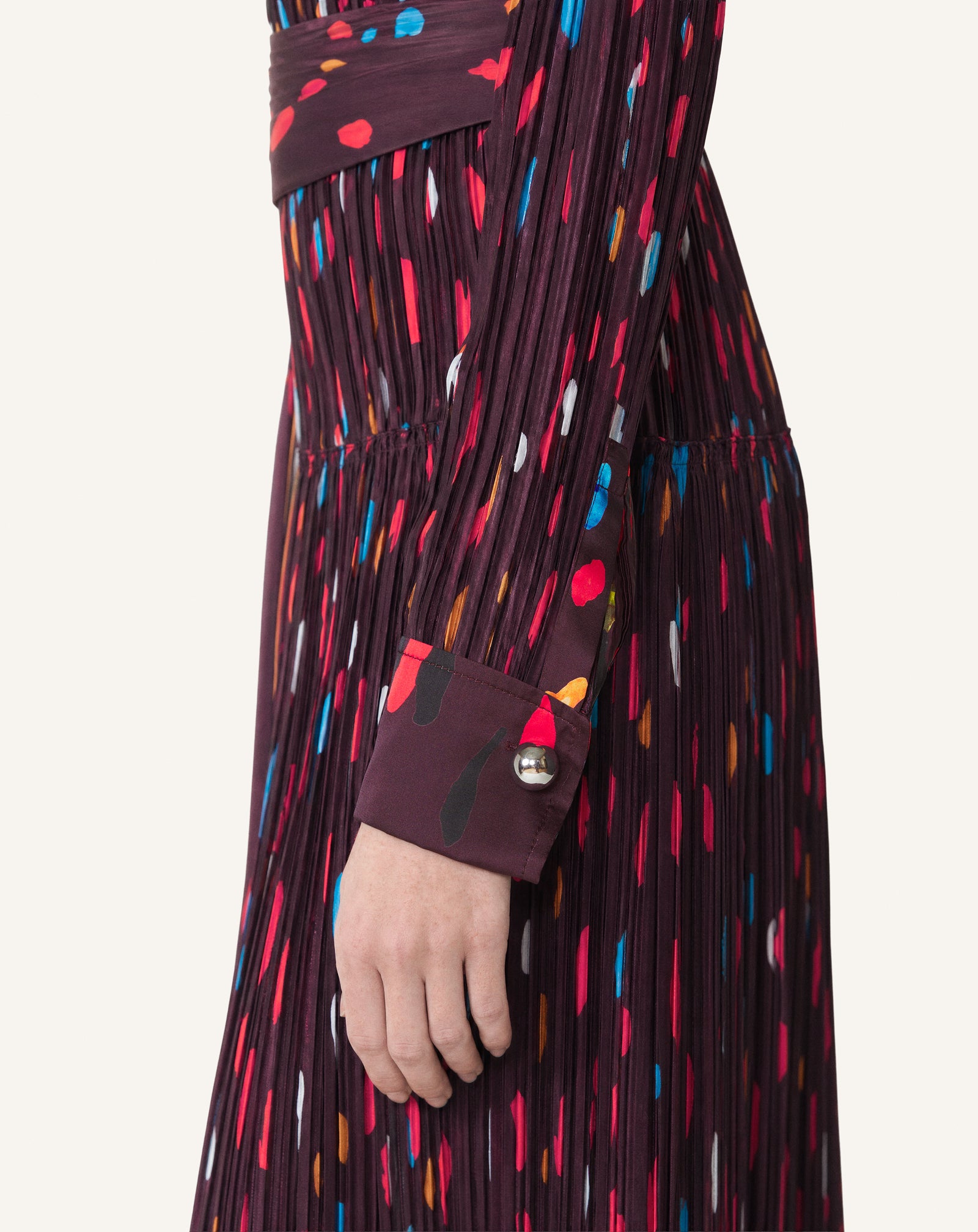 RED PRINTED PLEATED CHARMEUSE DRESS