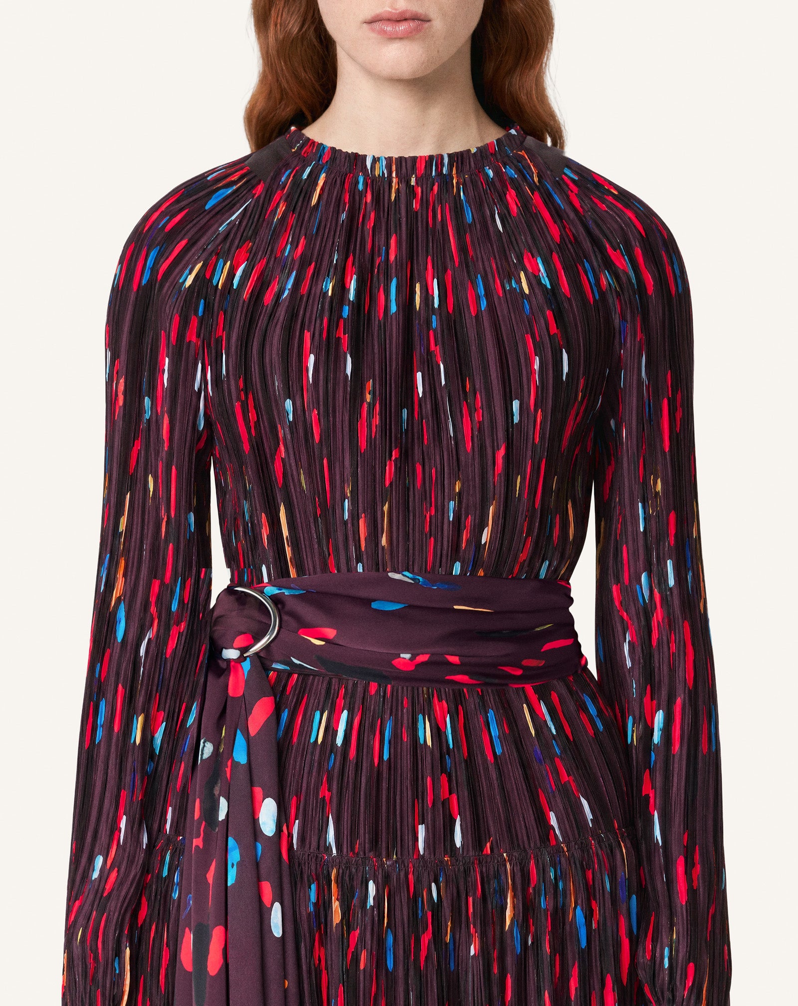 RED PRINTED PLEATED CHARMEUSE DRESS