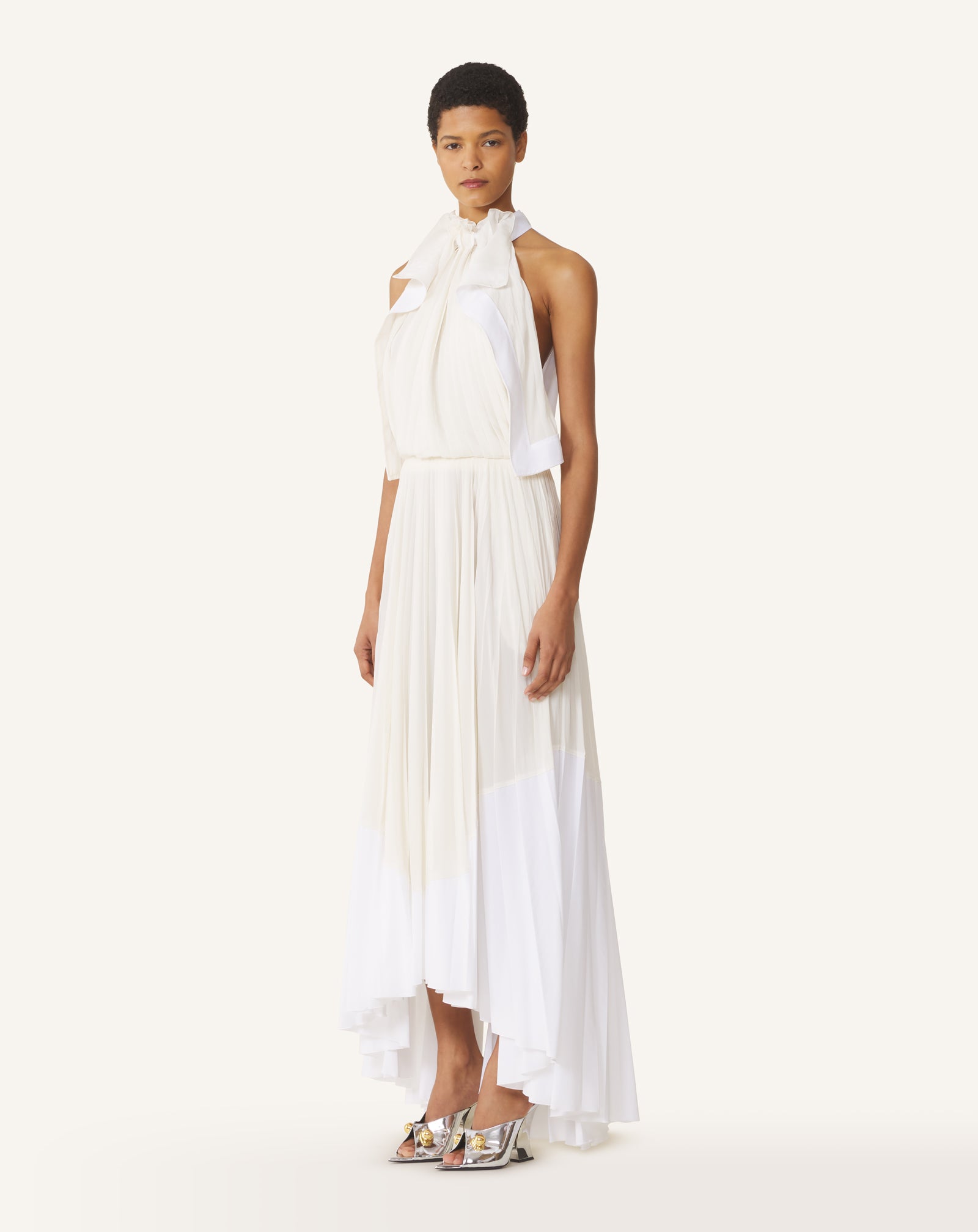 PLEATED DRESS IN CHARMEUSE AND COTTON
