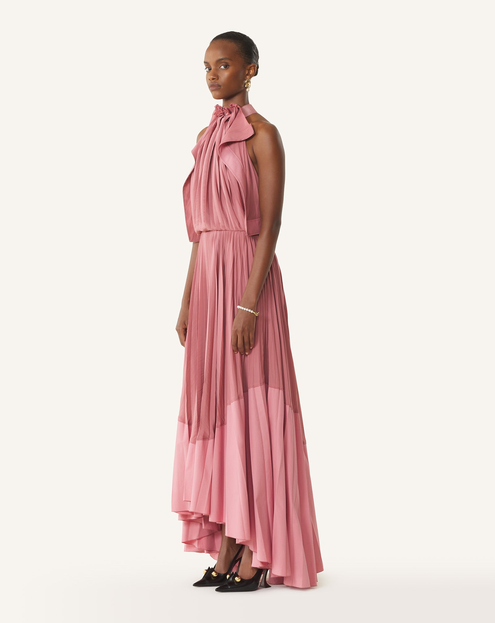 PINK PLEATED DRESS IN CHARMEUSE AND COTTON