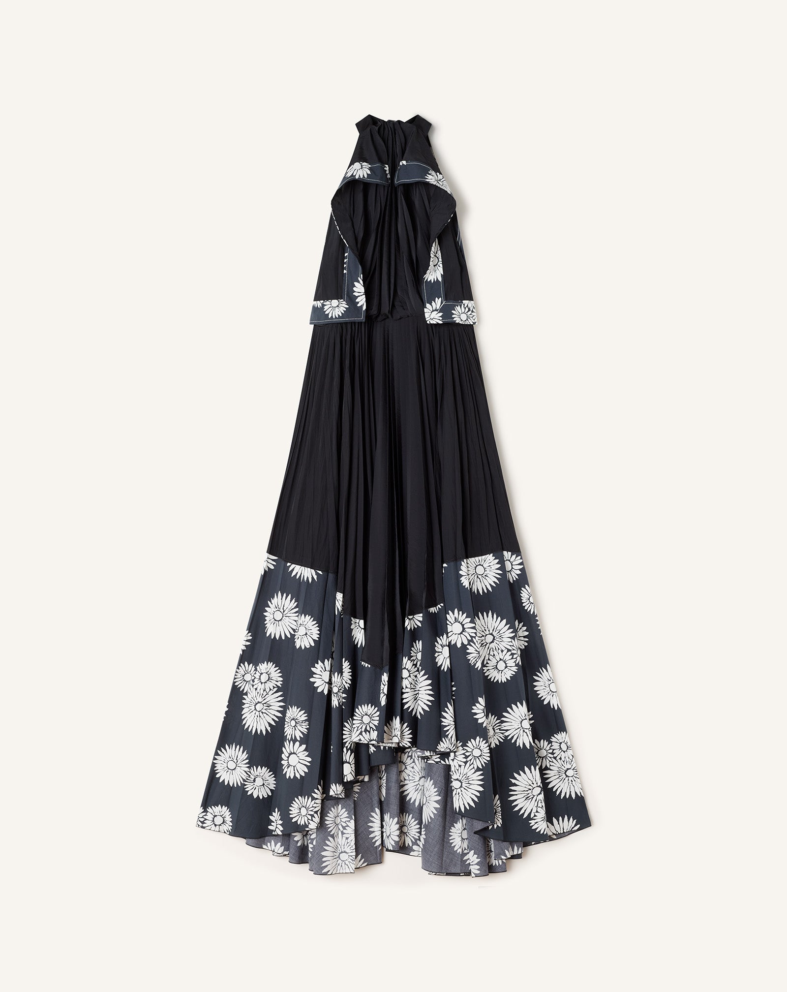 BLACK PLEATED DRESS IN CHARMEUSE AND PRINTED COTTON
