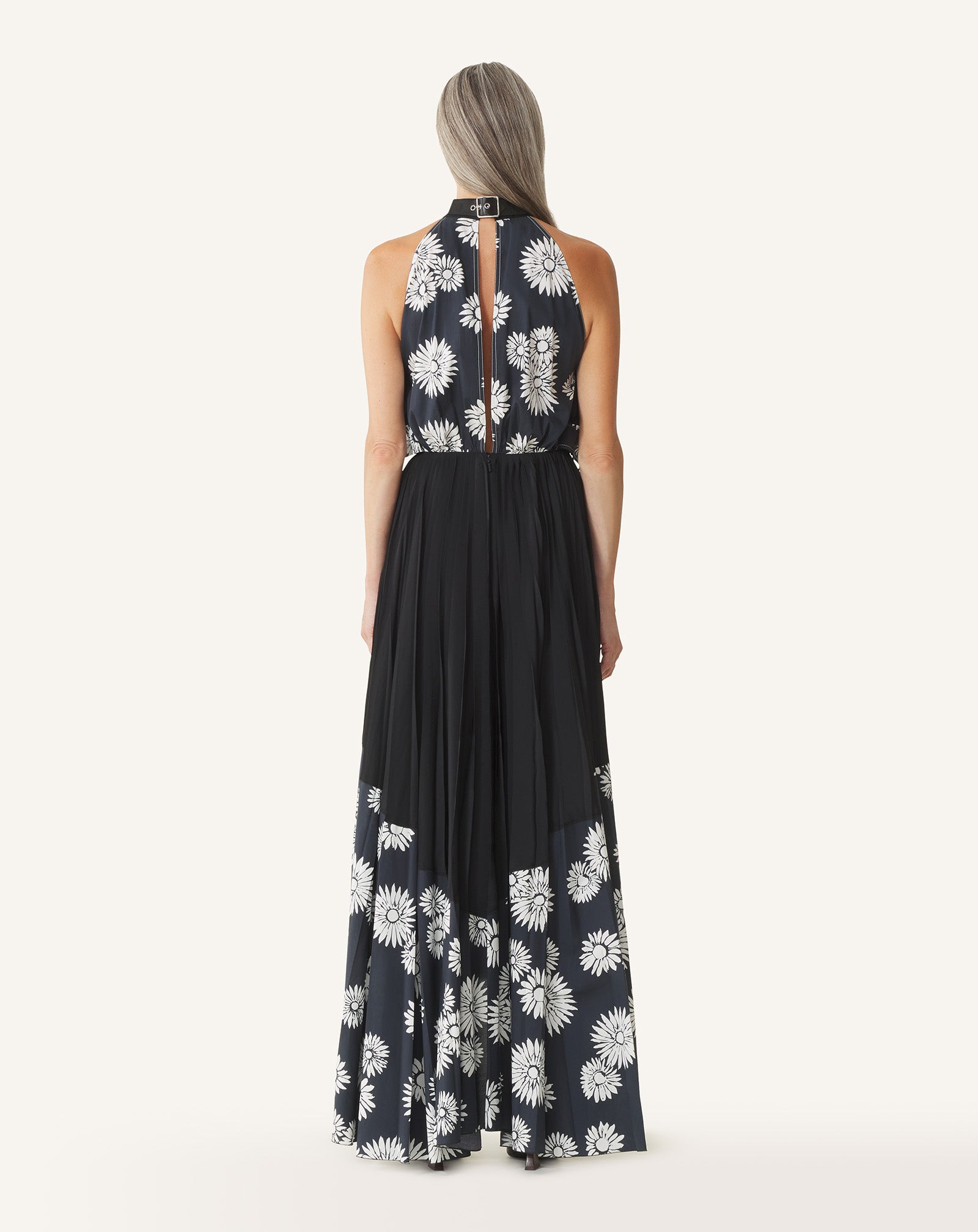 PLEATED DRESS IN CHARMEUSE AND PRINTED COTTON