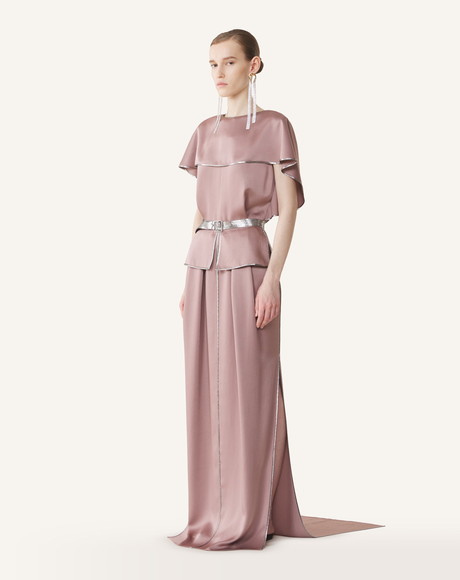 PINK LONG SATIN DRESS WITH BASQUE