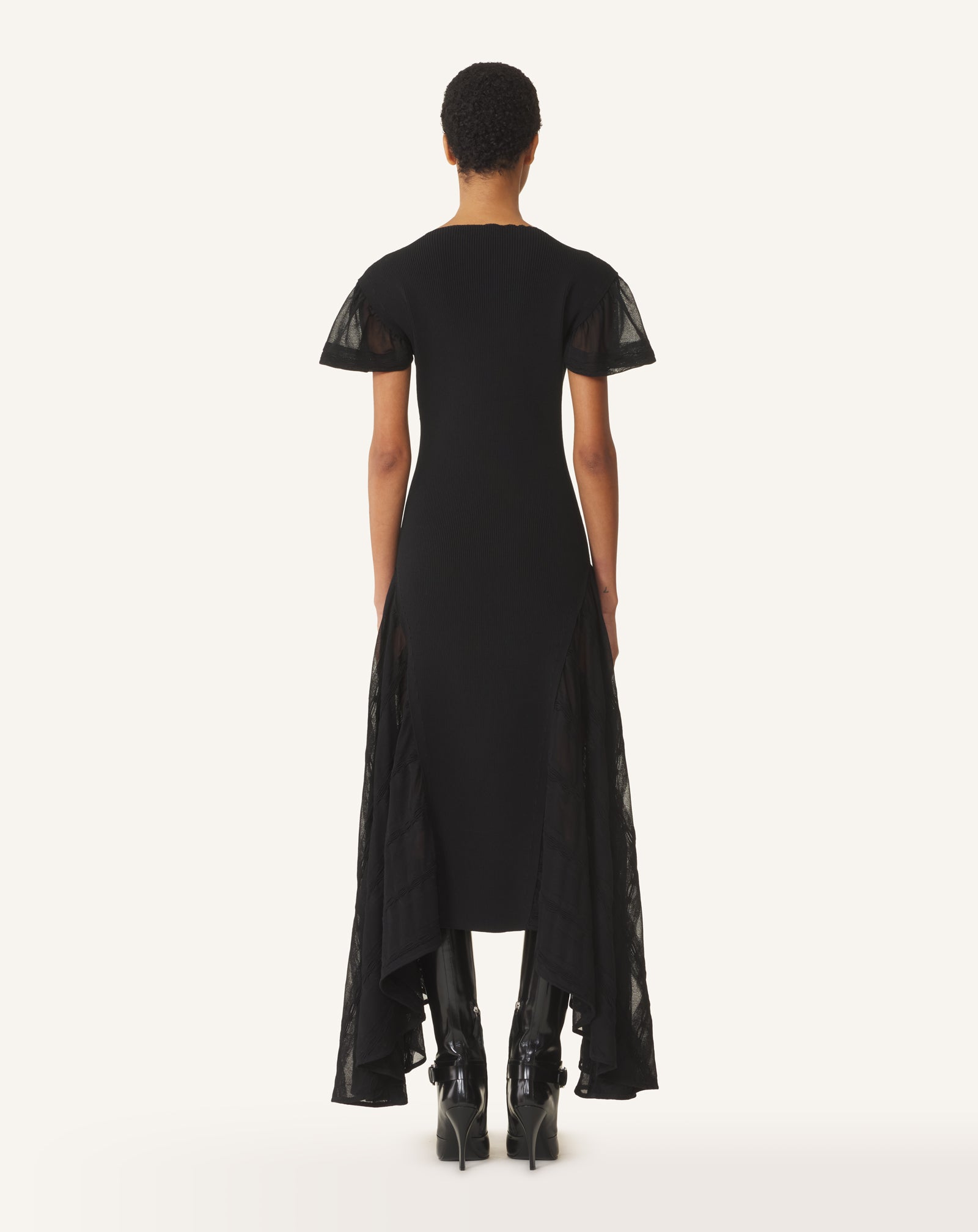 BLACK GODET-FLARE DRESS IN SILK AND COTTON