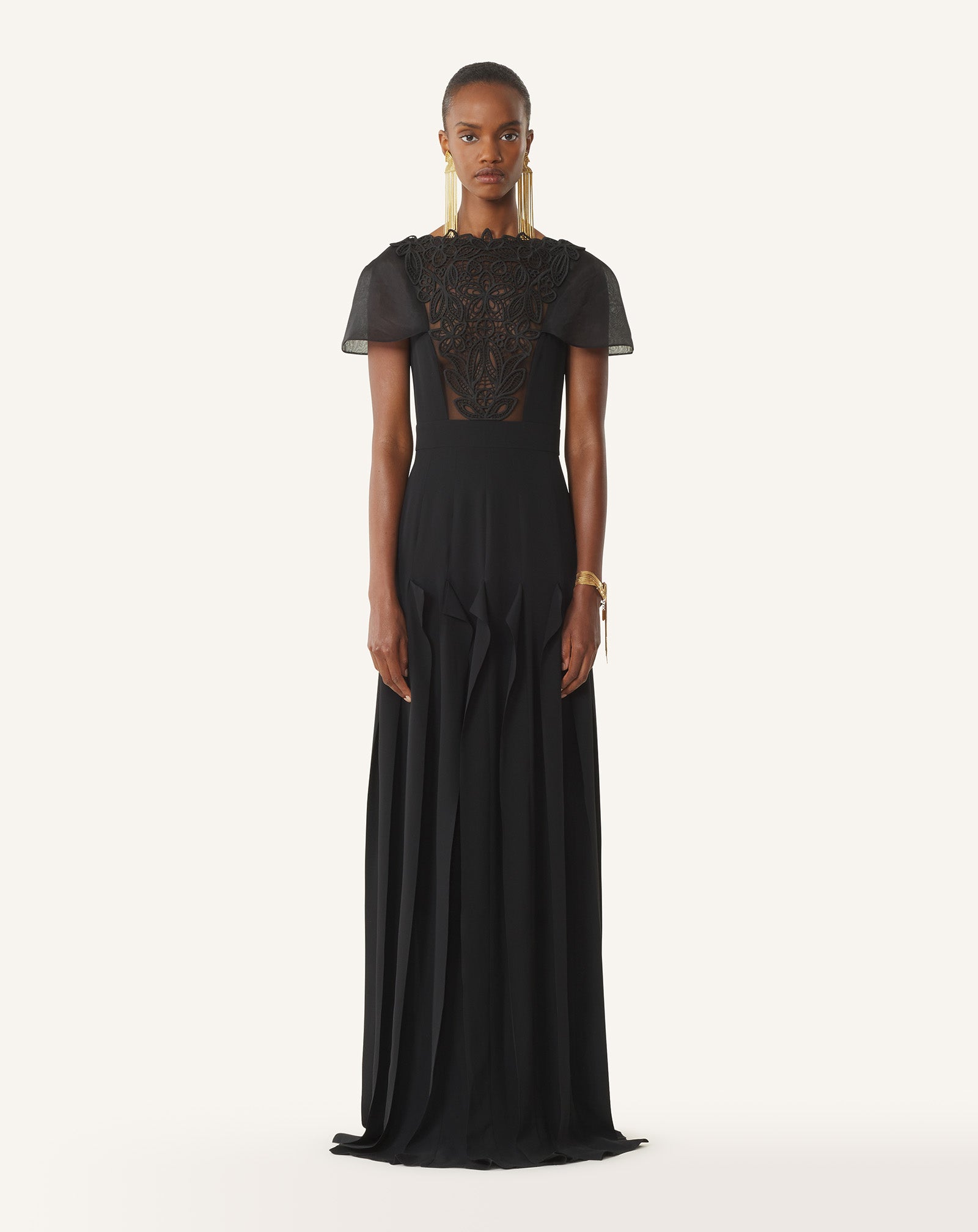 BLACK EMBROIDERED BIB DRESS IN SILK GEORGETTE
