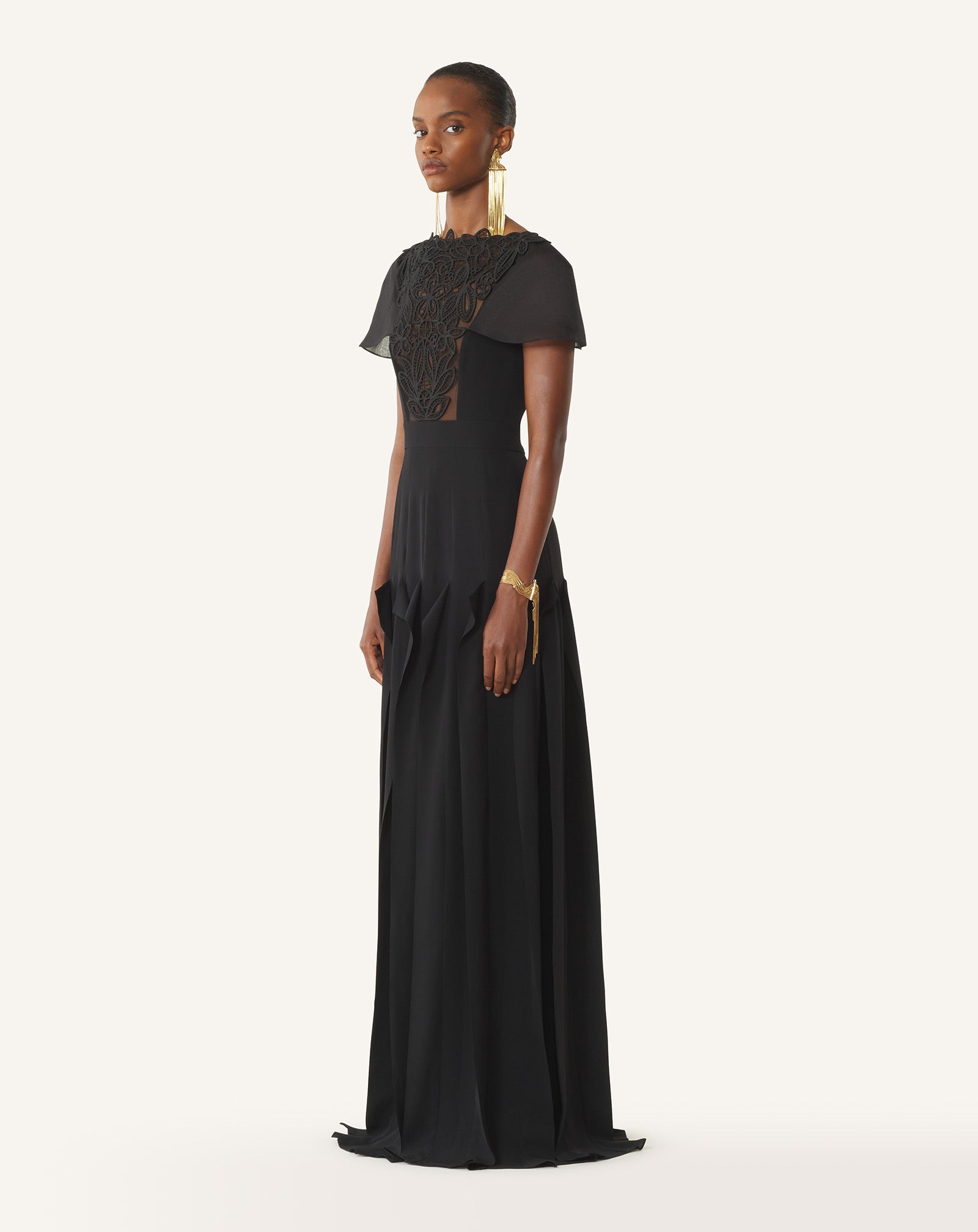 EMBROIDERED BIB DRESS IN SILK GEORGETTE