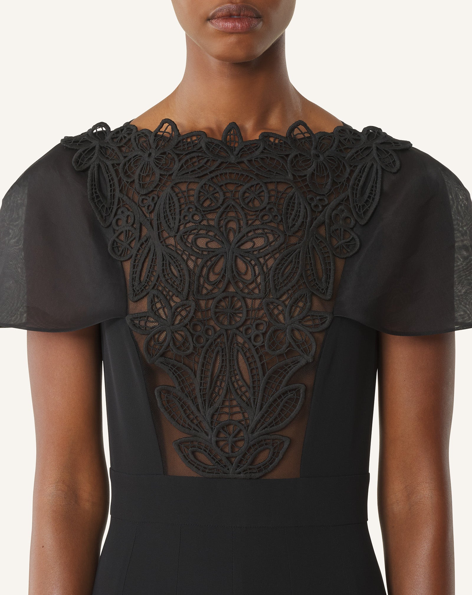 EMBROIDERED BIB DRESS IN SILK GEORGETTE