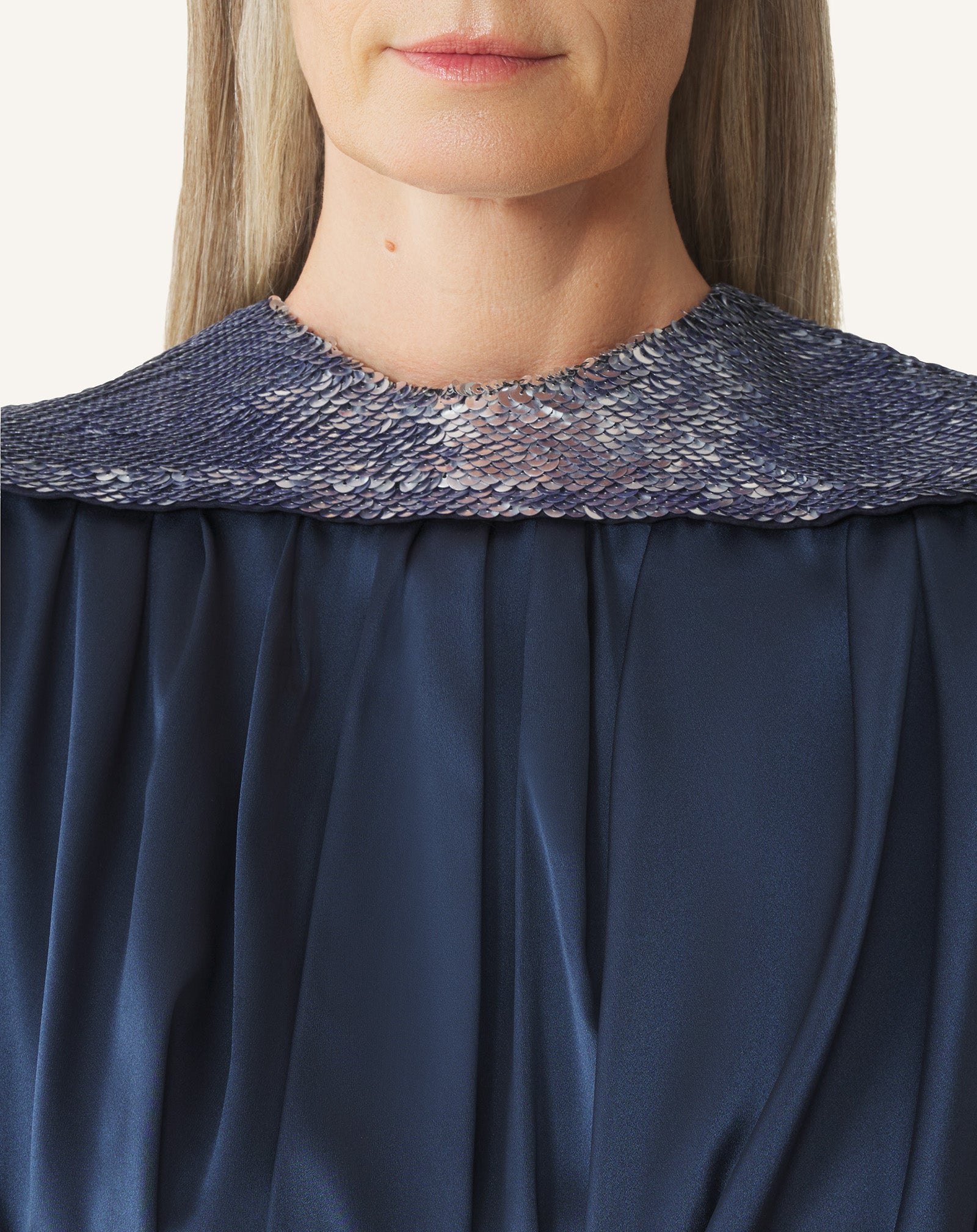 BLUE EMBROIDERED BACK DRESS IN SILK SATIN