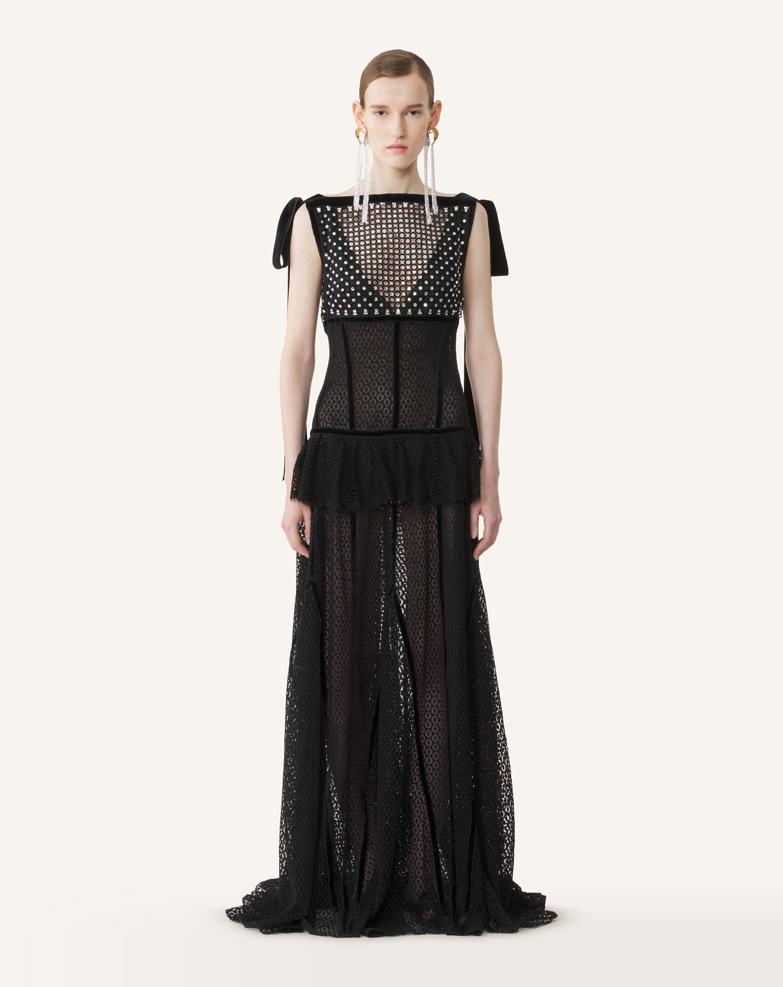 BLACK EMBROIDERED LACE HALTER DRESS