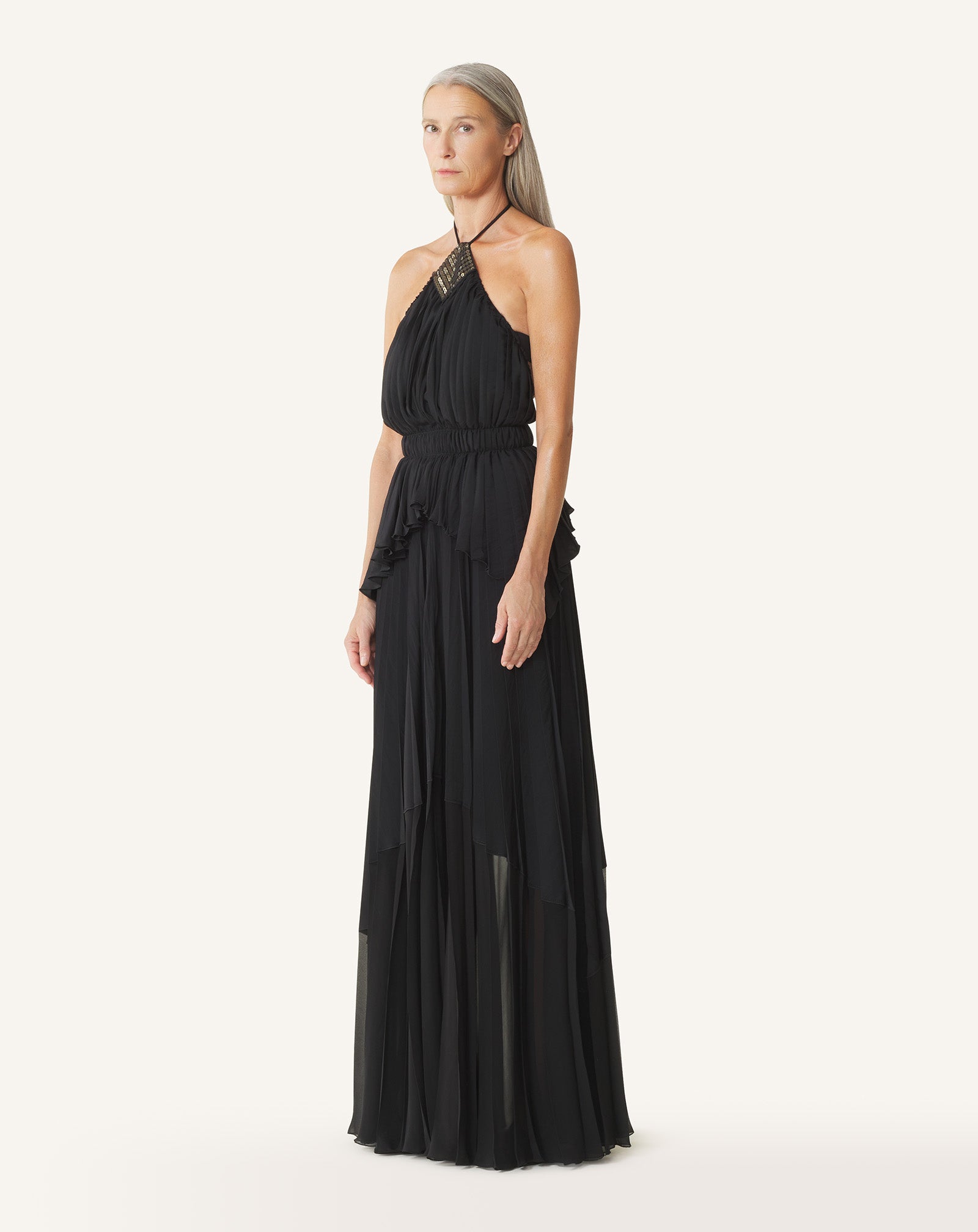 EMBROIDERED DRESS IN SILK AND CHARMEUSE