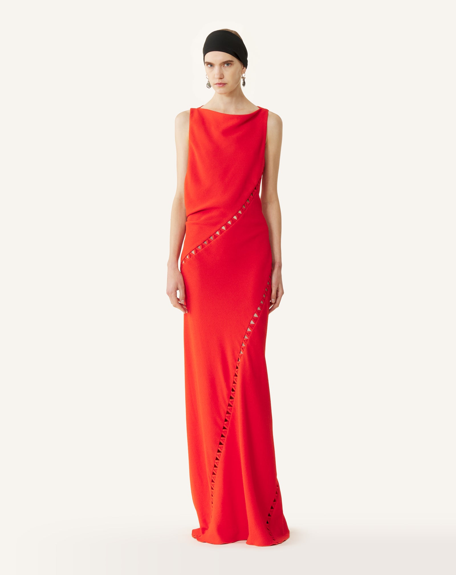RED VISCOSE DRAPED-BACK LONG DRESS