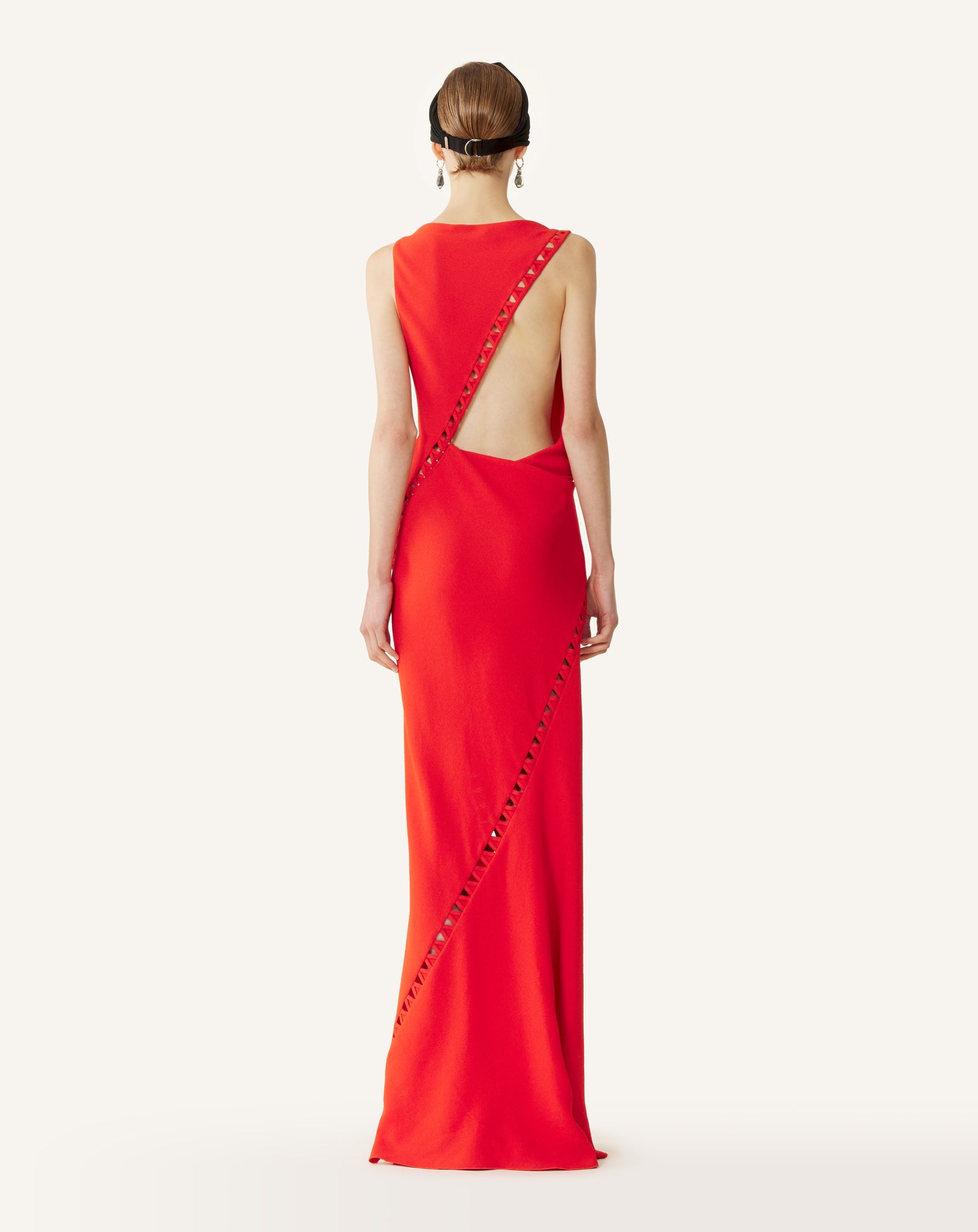 RED VISCOSE DRAPED-BACK LONG DRESS