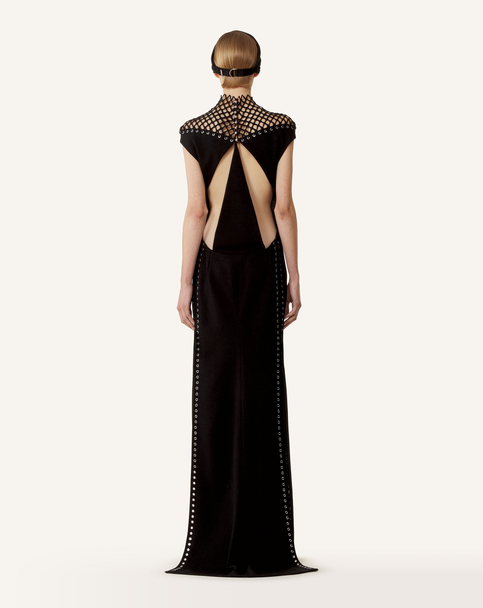 BLACK LONG VISCOSE DRESS WITH MESH DETAIL