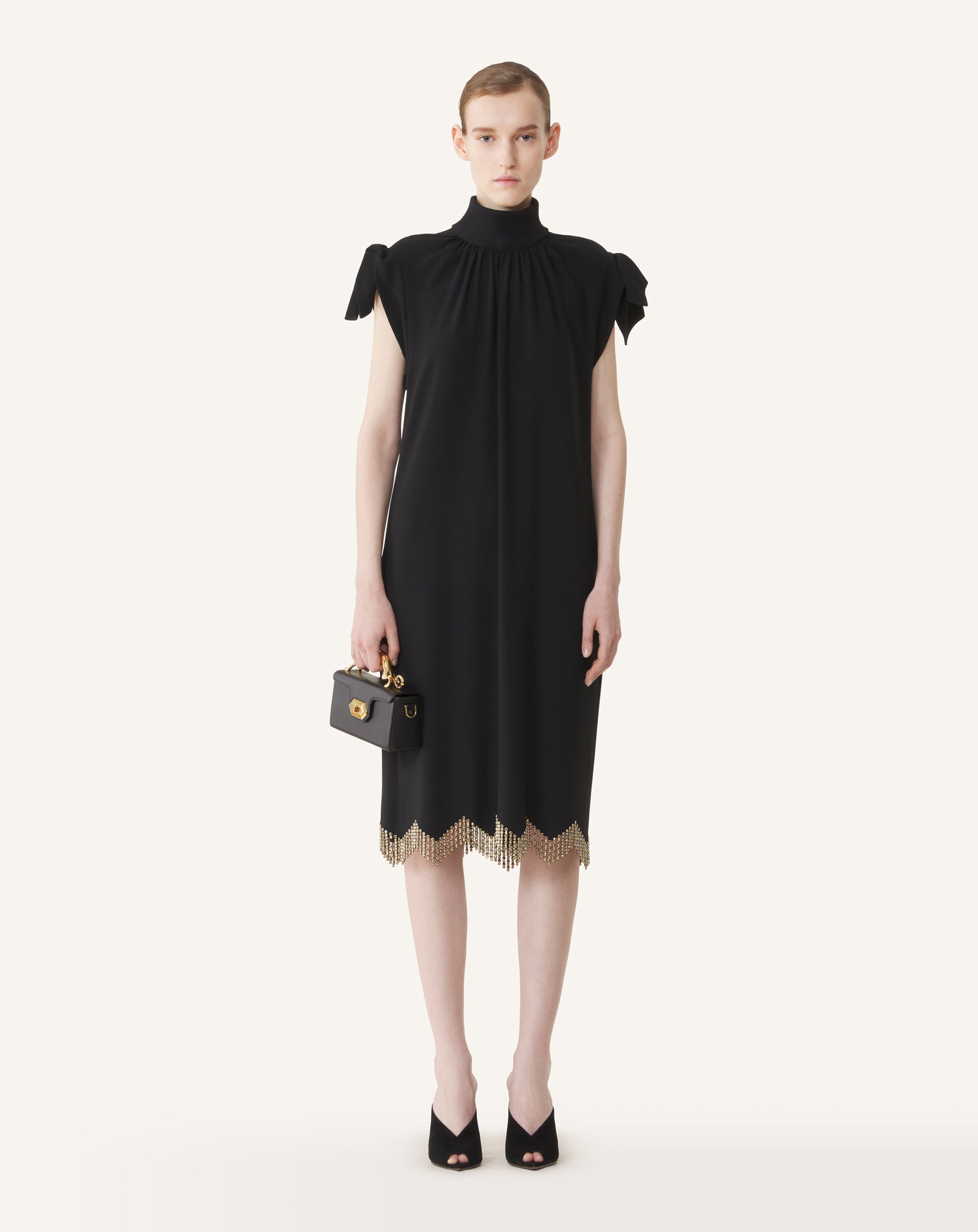 BLACK EMBROIDERED BOW DRESS IN SABLÉ