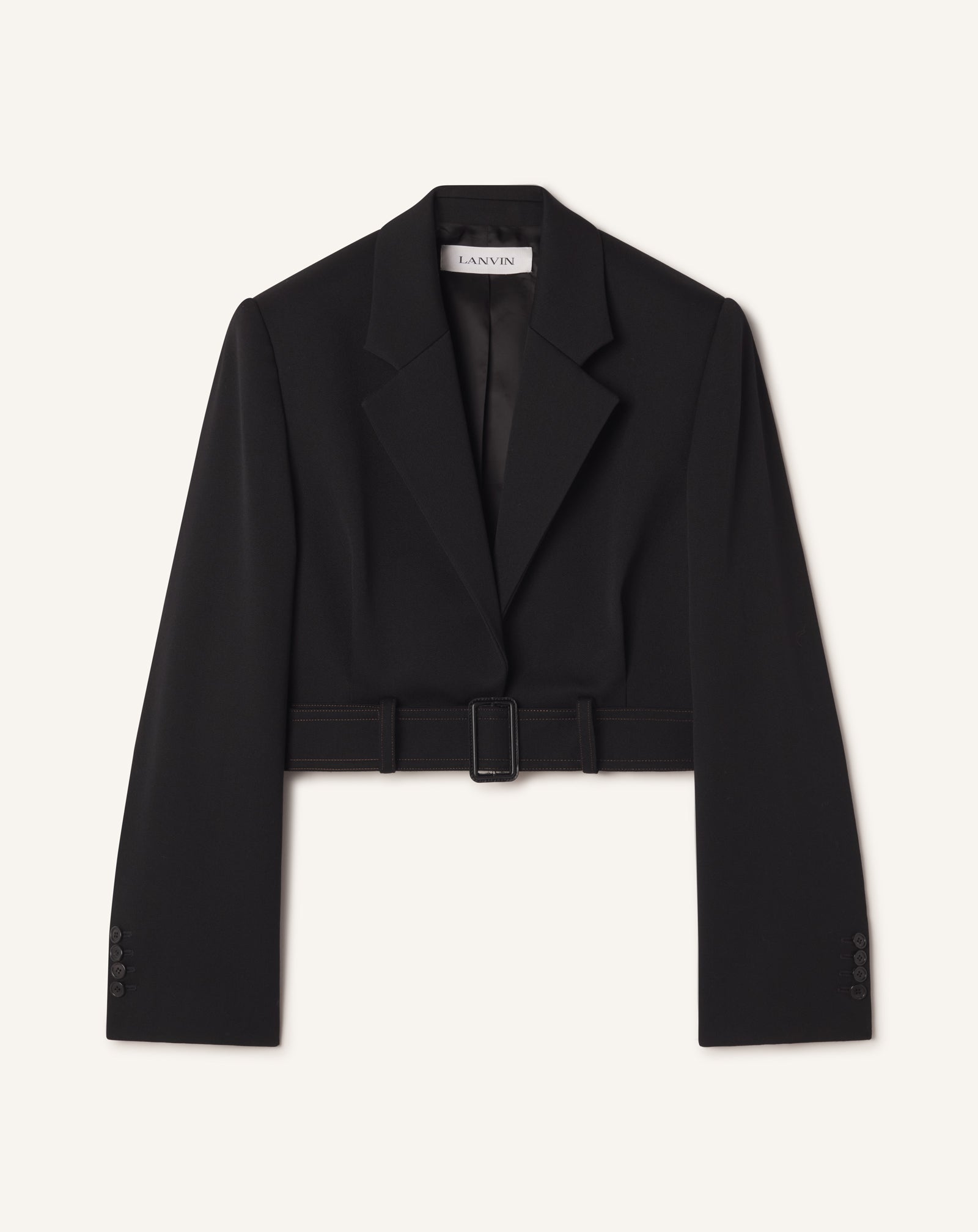 BLACK SHORT BELTED JACKET IN WOOL