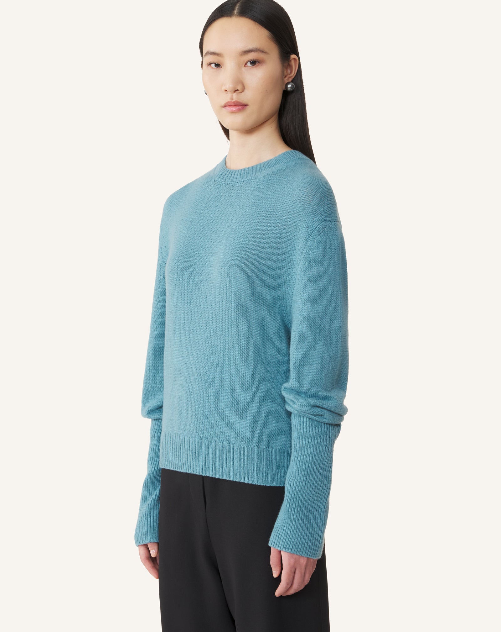 BLUE CASHMERE SWEATER WITH GROSGRAIN DETAIL