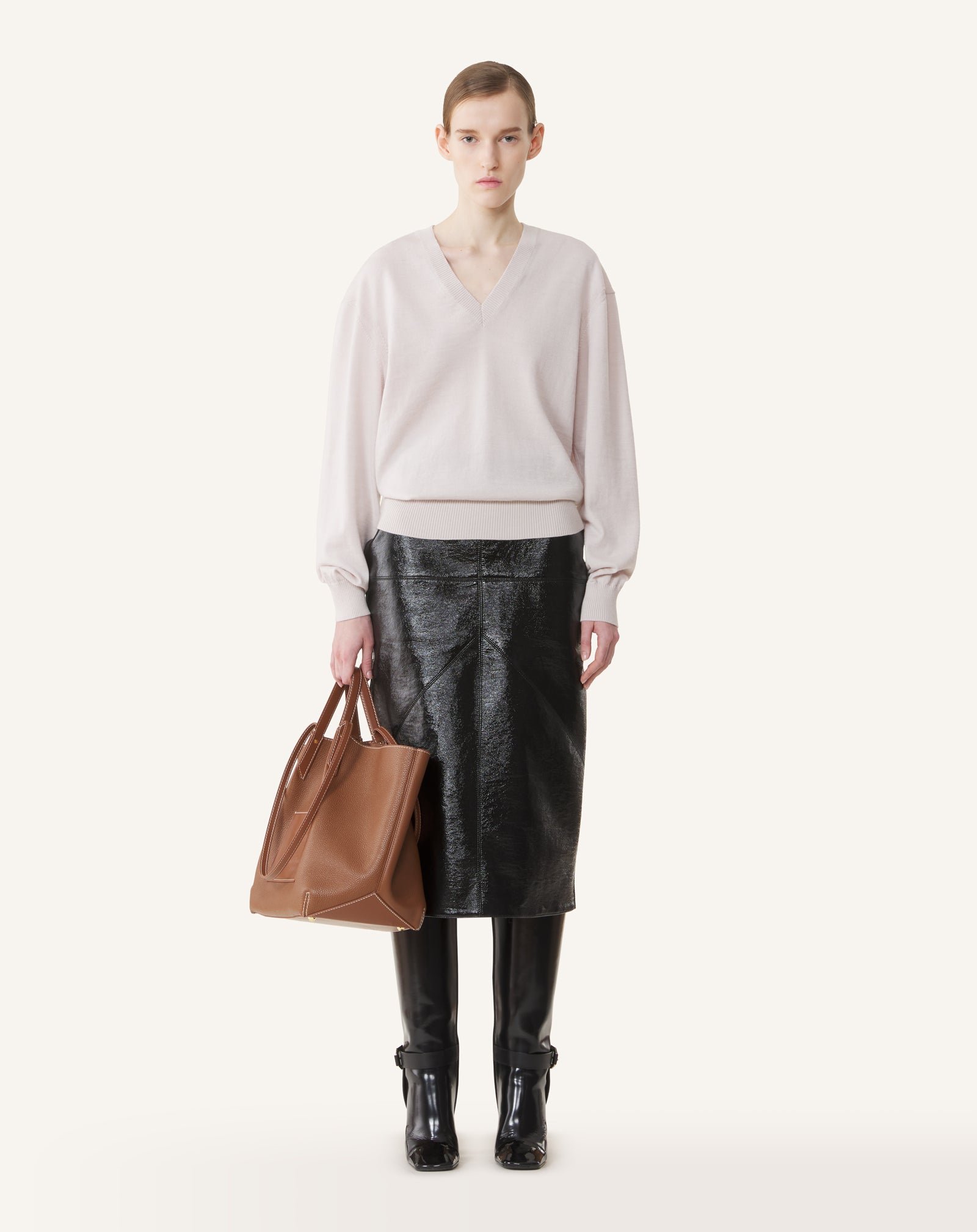 WHITE V-NECK MERINO SWEATER WITH GROSGRAIN DETAIL