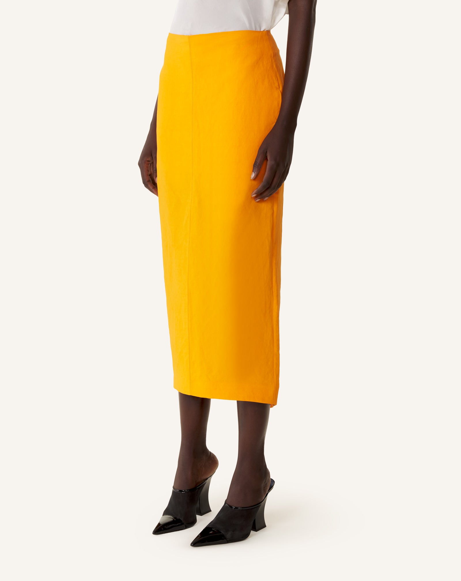 ORANGE ASYMMETRICAL MIDI SKIRT IN PAPER AND VISCOSE