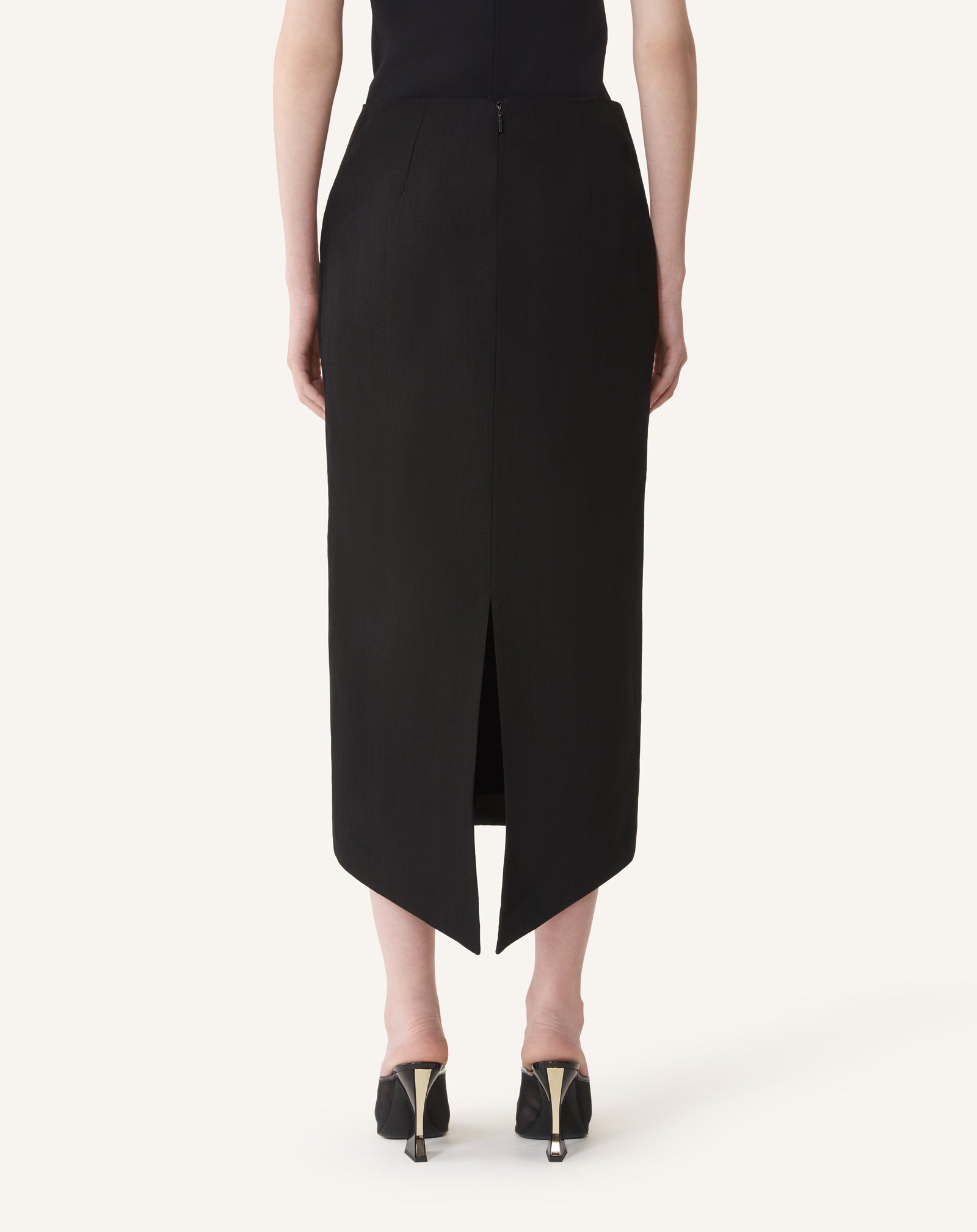 BLACK ASYMMETRICAL MIDI SKIRT IN SILK AND VISCOSE
