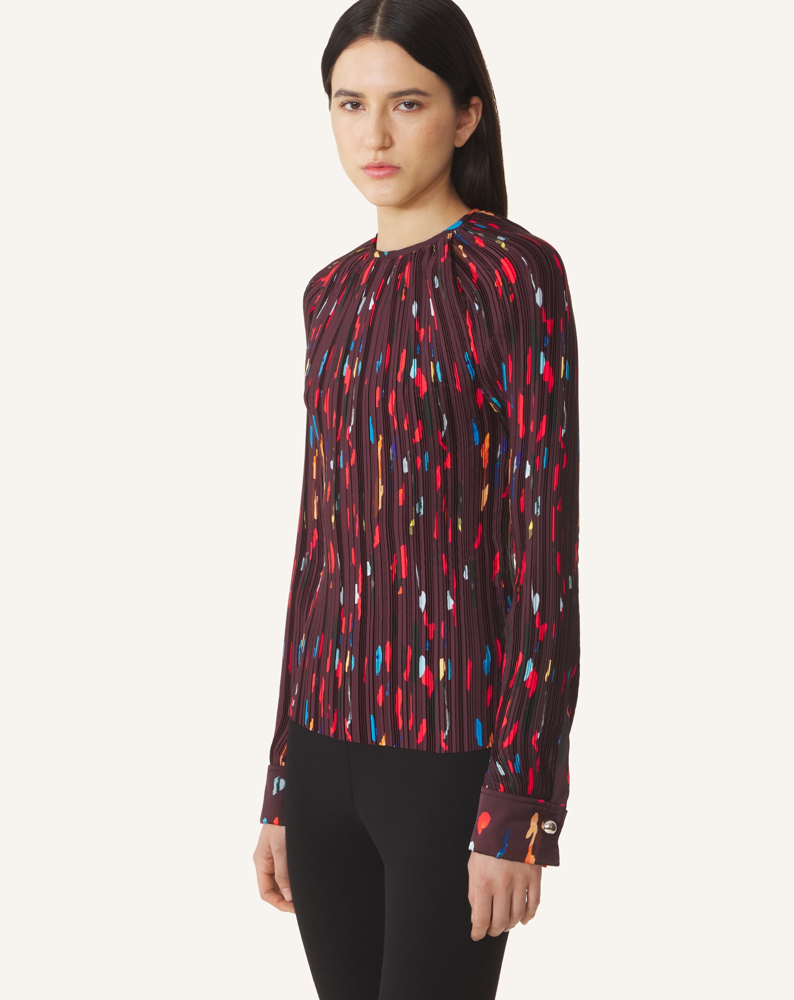 RED PRINTED PLEATED CHARMEUSE TOP