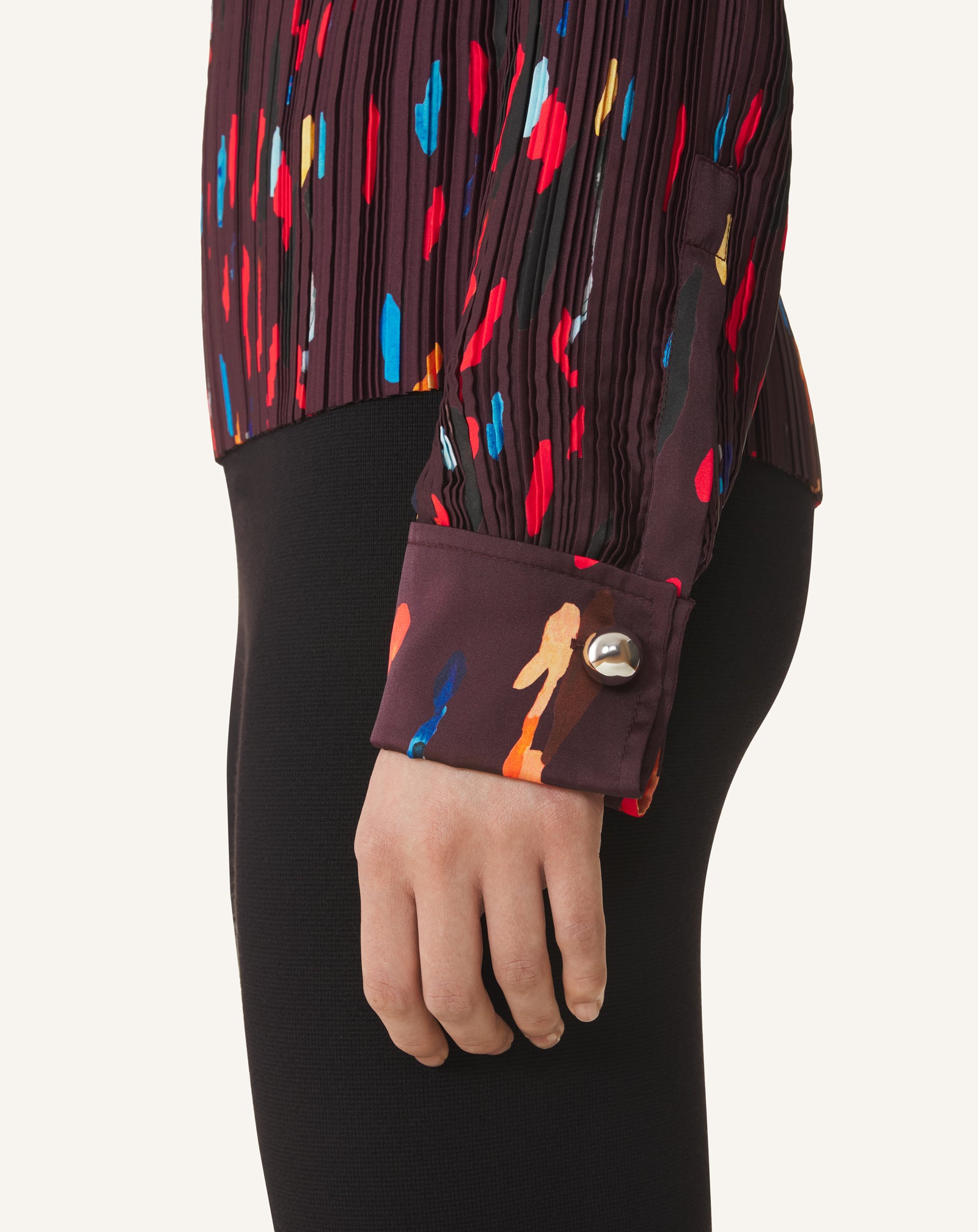 RED PRINTED PLEATED CHARMEUSE TOP