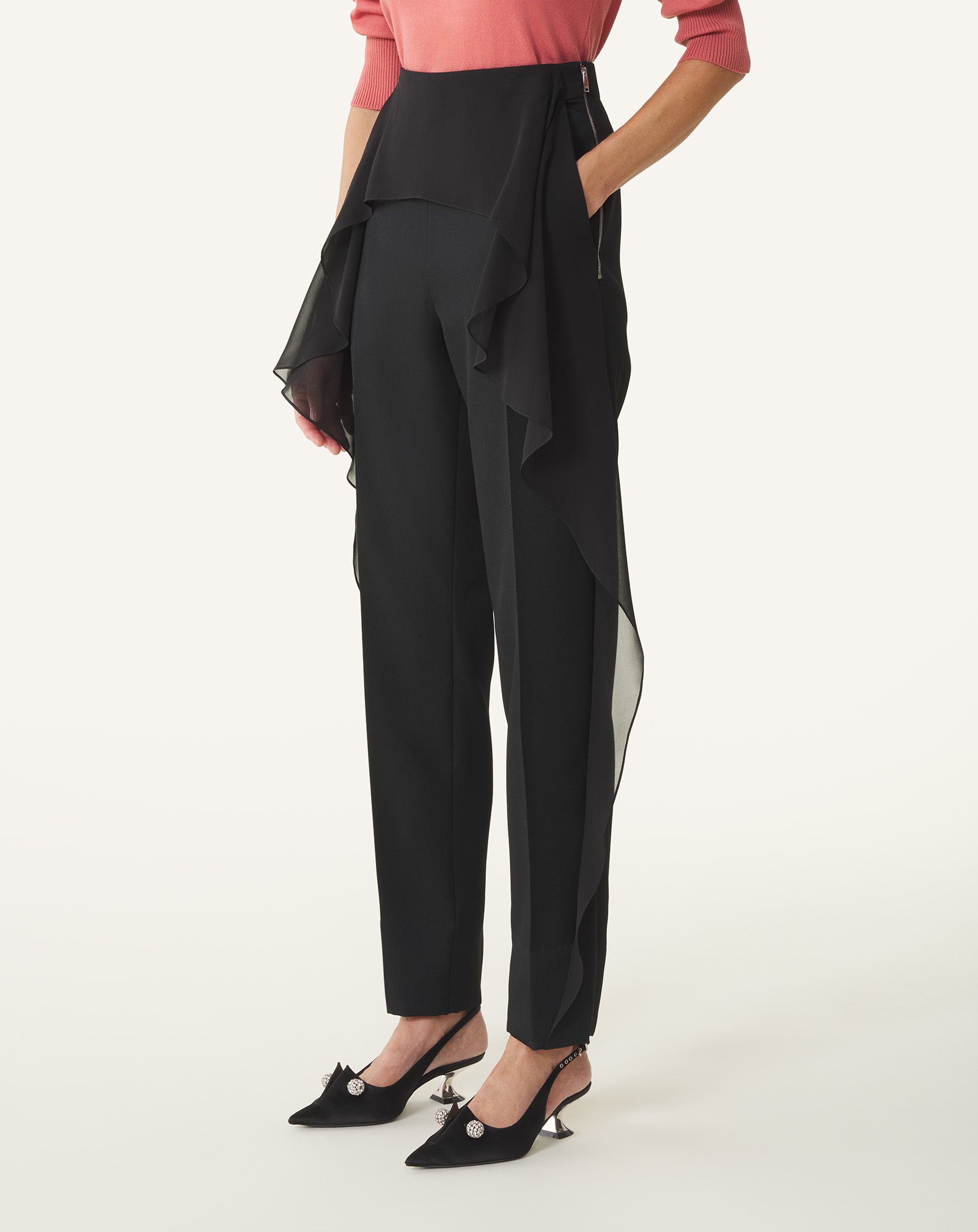 BLACK FRILLED WOOL PANTS