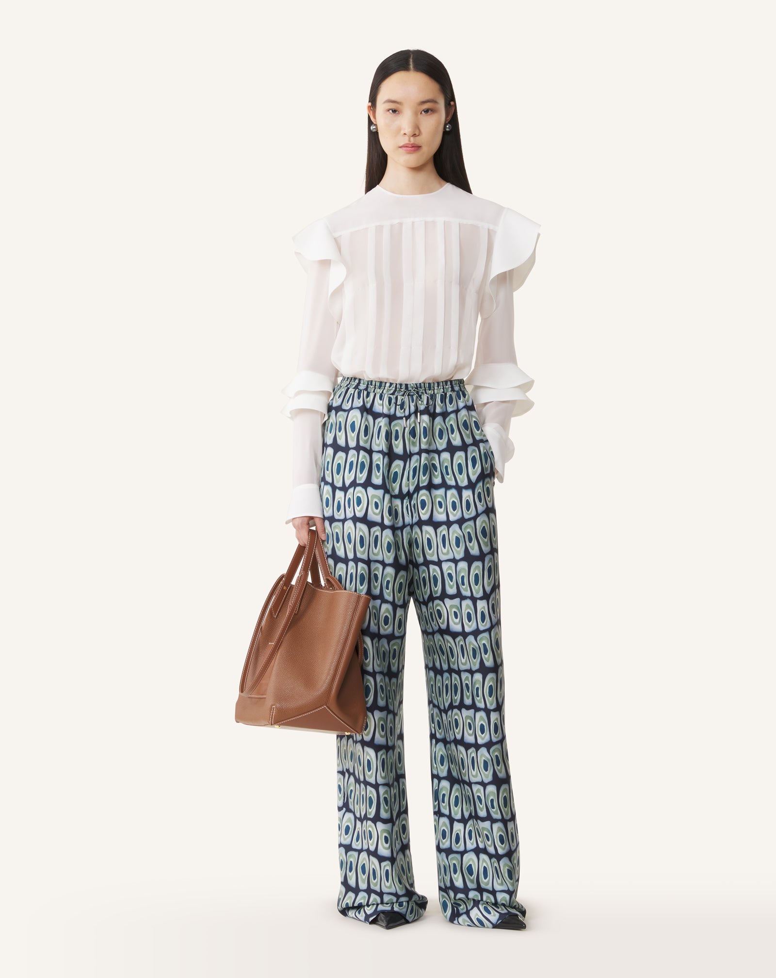 GREEN PRINTED WIDE-LEG SILK PANTS