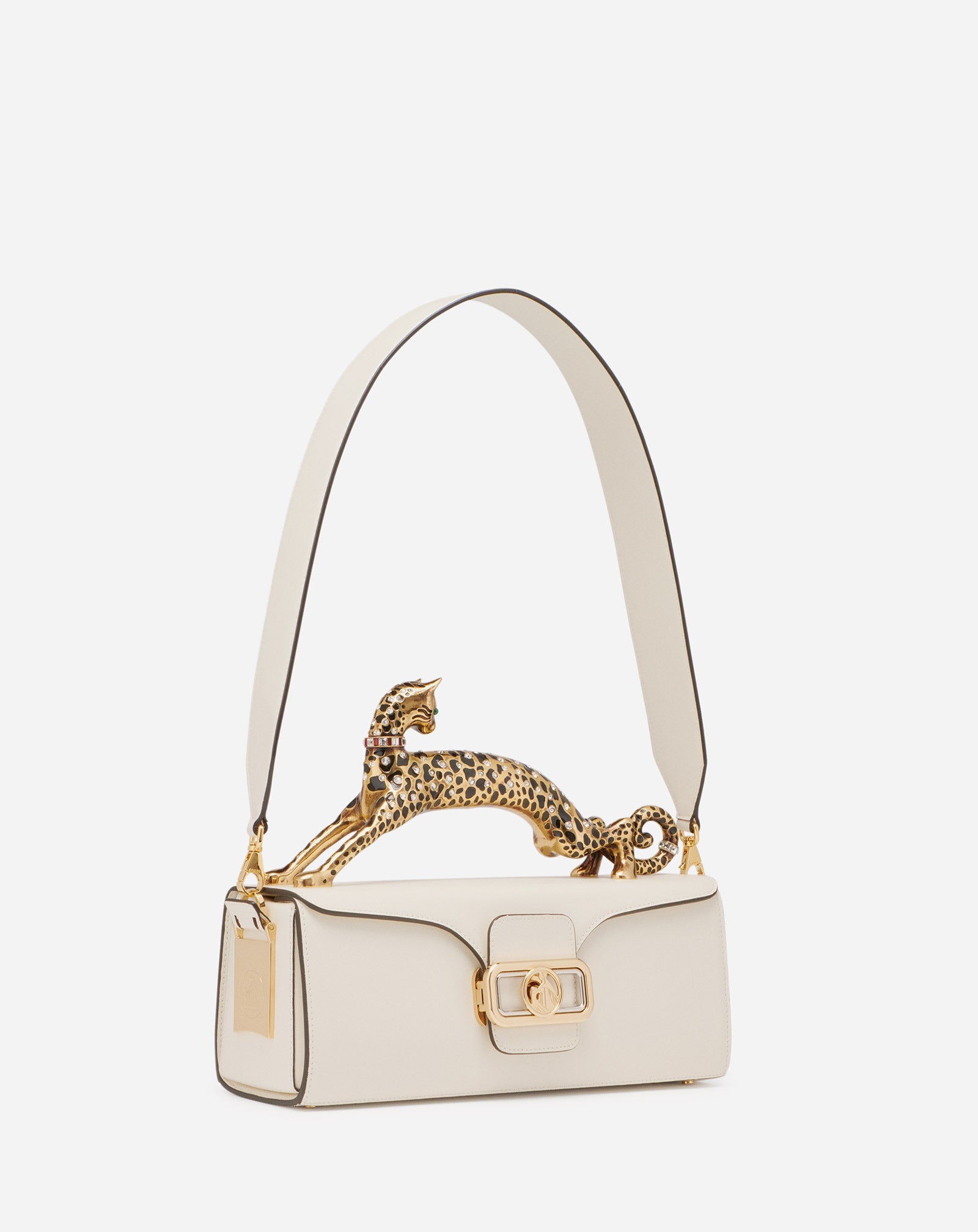 WHITE PENCIL CAT BAG IN SHINY CALFSKIN LEATHER AND RHINESTONES