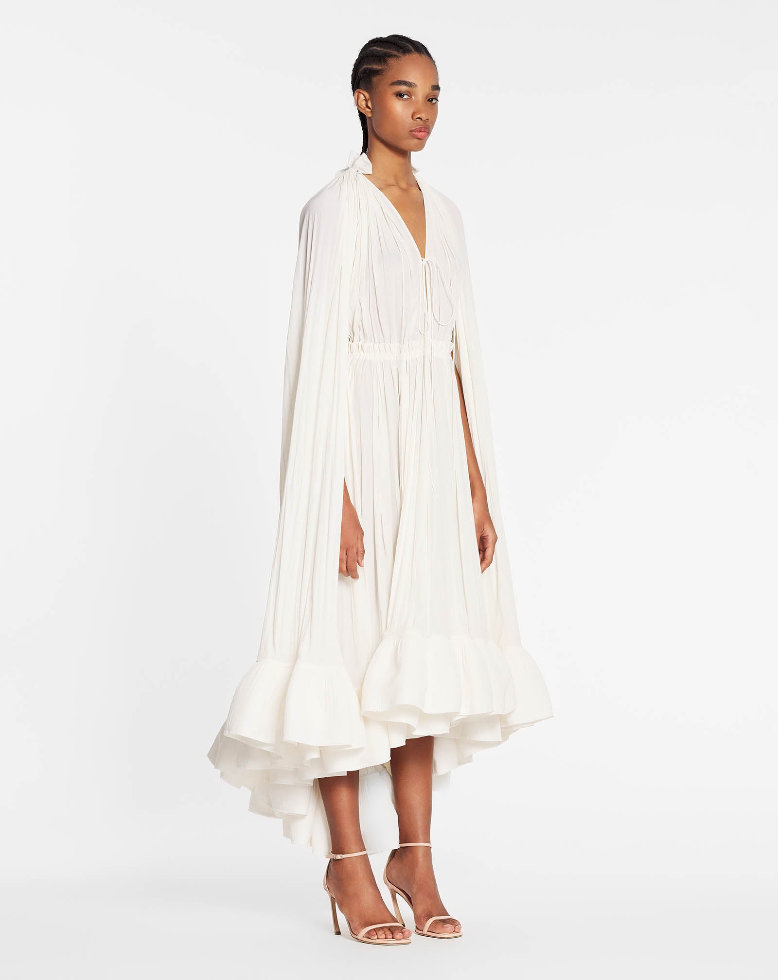 WHITE LONG CHARMEUSE RUFFLE DRESS