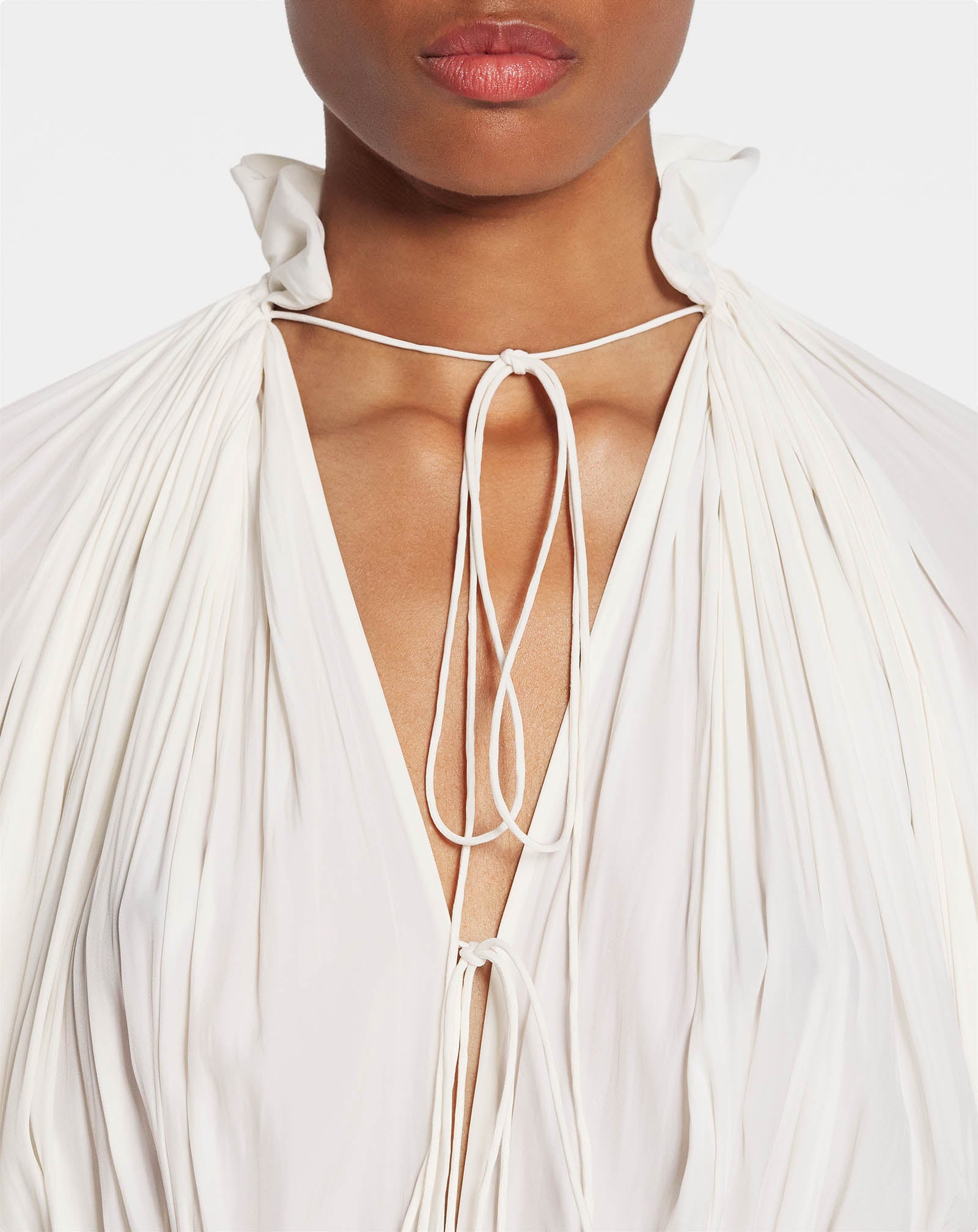 WHITE LONG CHARMEUSE RUFFLE DRESS